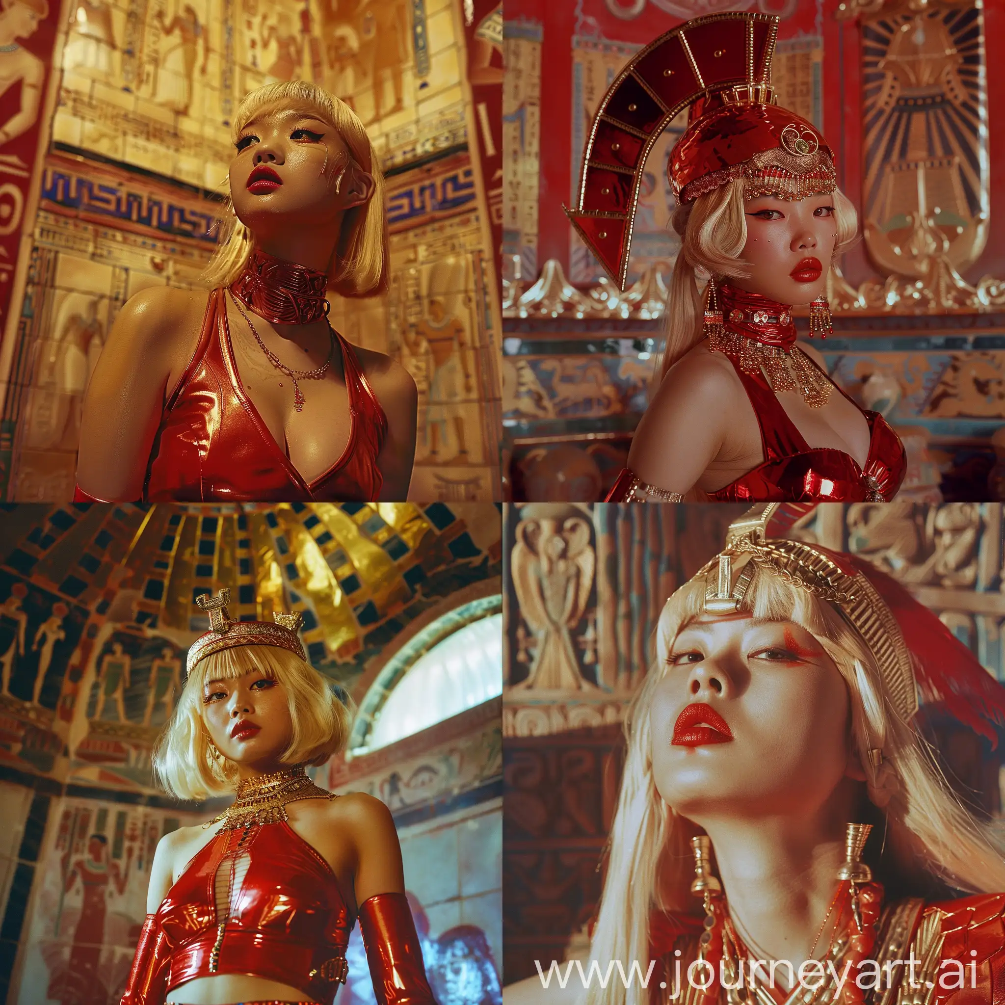 Hyperrealistic-Conceptual-Fashion-Photography-Blonde-Korean-Girl-as-Cleopatra-in-Red-Latex