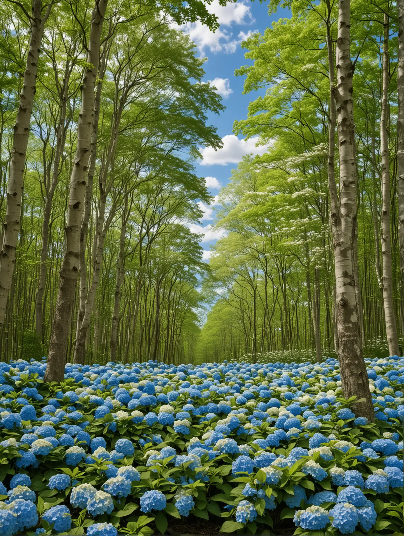 Lush Blue Hydrangea Bushes with Dogwood and Oak Trees in Bloom