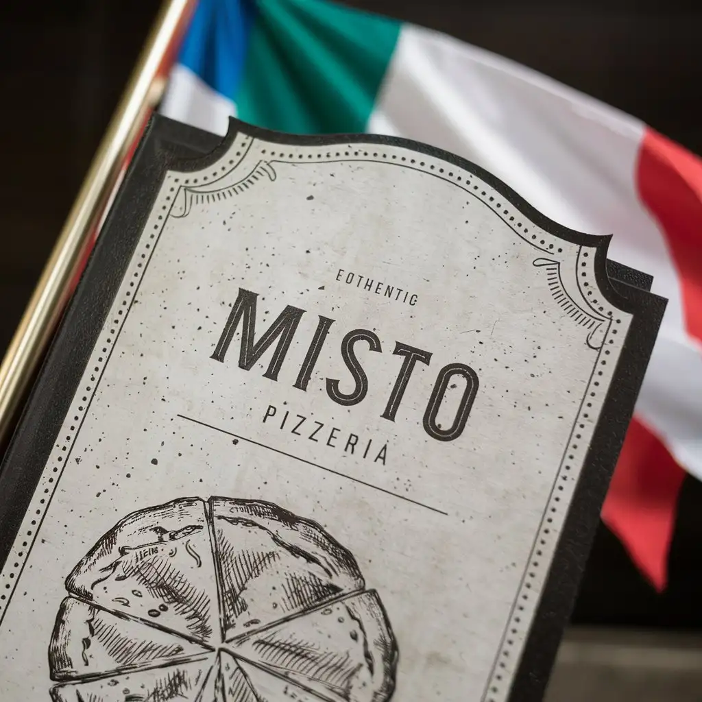Misto Pizzeria, Menu, Black minimalist Vintage menu, Edge decoration, Classic menu, Elegant menu, Template, A4, authentic, Italy flag, Sketched Pizza decoration