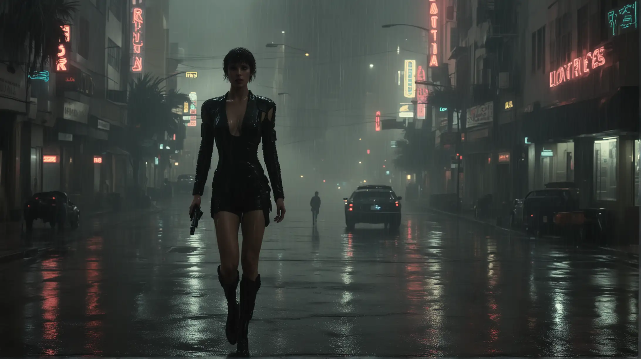 Rachael from Blade Runner Walking in Futuristic Los Angeles Street