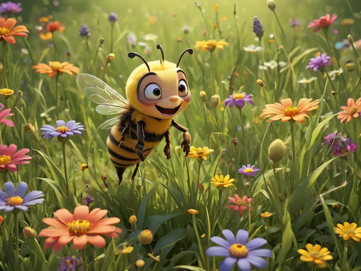 little bee, collecting nectar and pollen, in a vibrant meadow filled with colorful flowers and lush green grass, 3d disney inspire