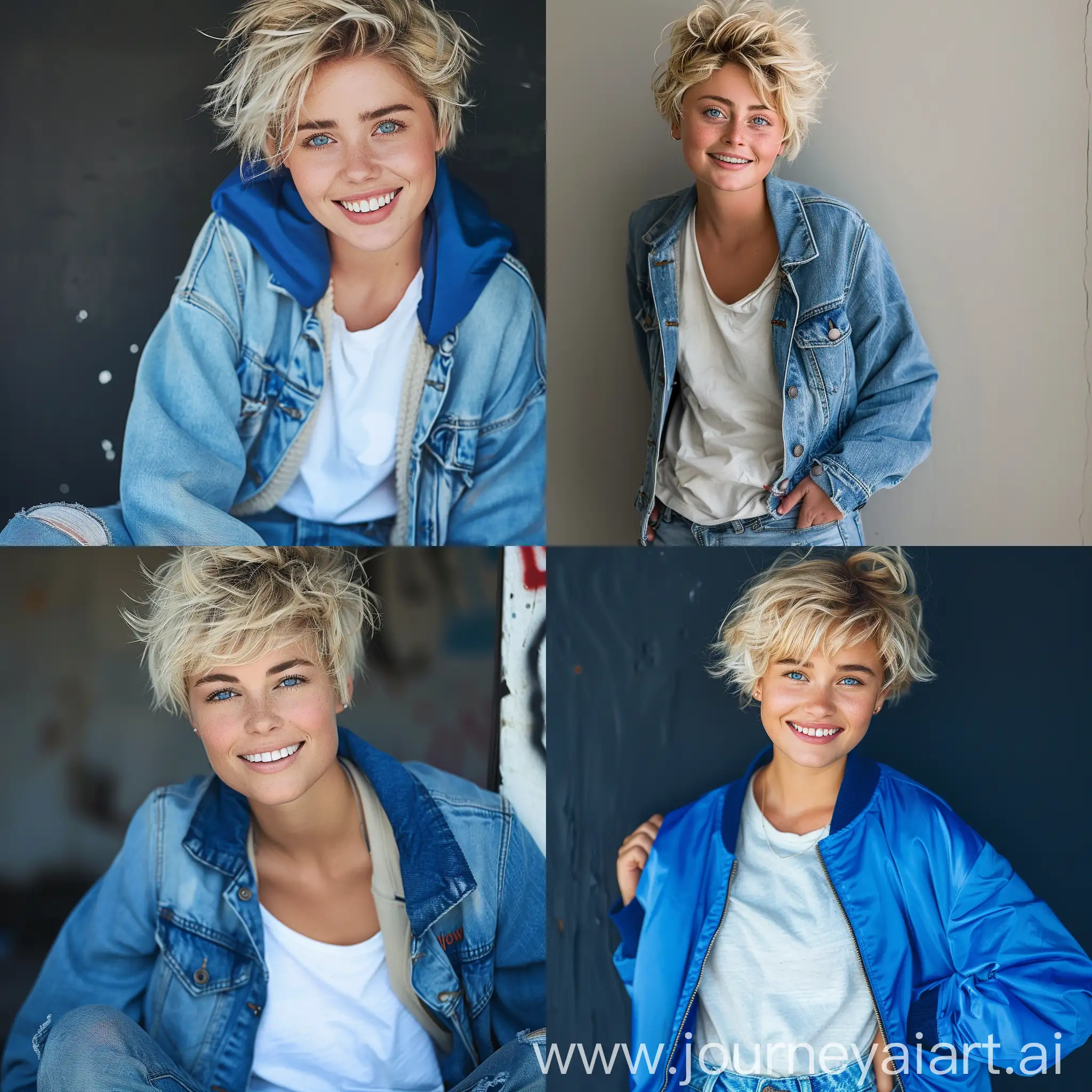 Attractive woman, 20 years old. Very short blonde tousled scruffy hair, cheeky grinning face, crystal sky blue eyes, wearing Jeans, white T-shirt jumper and blue jacket. Looks a bit like Meg Ryan.