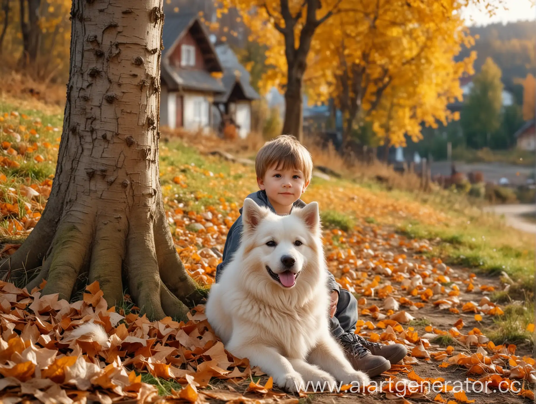 Маленький мальчик сидит около дерева, рядом сидит пушистая собака, на фоне осенний лес и деревня, под ногами опавшие листья и трава, фон размыт, реалистично