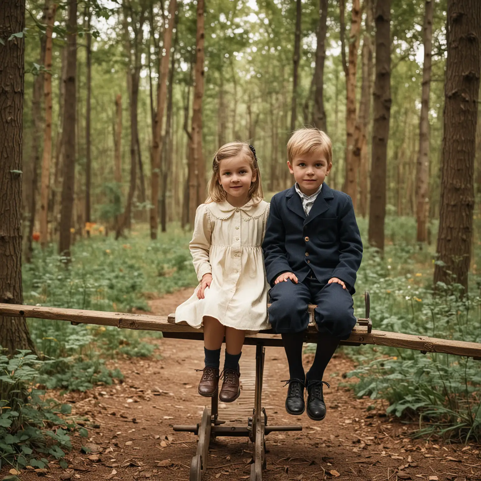 Vintage Seesaw Fun Two Children Playing in the Woods
