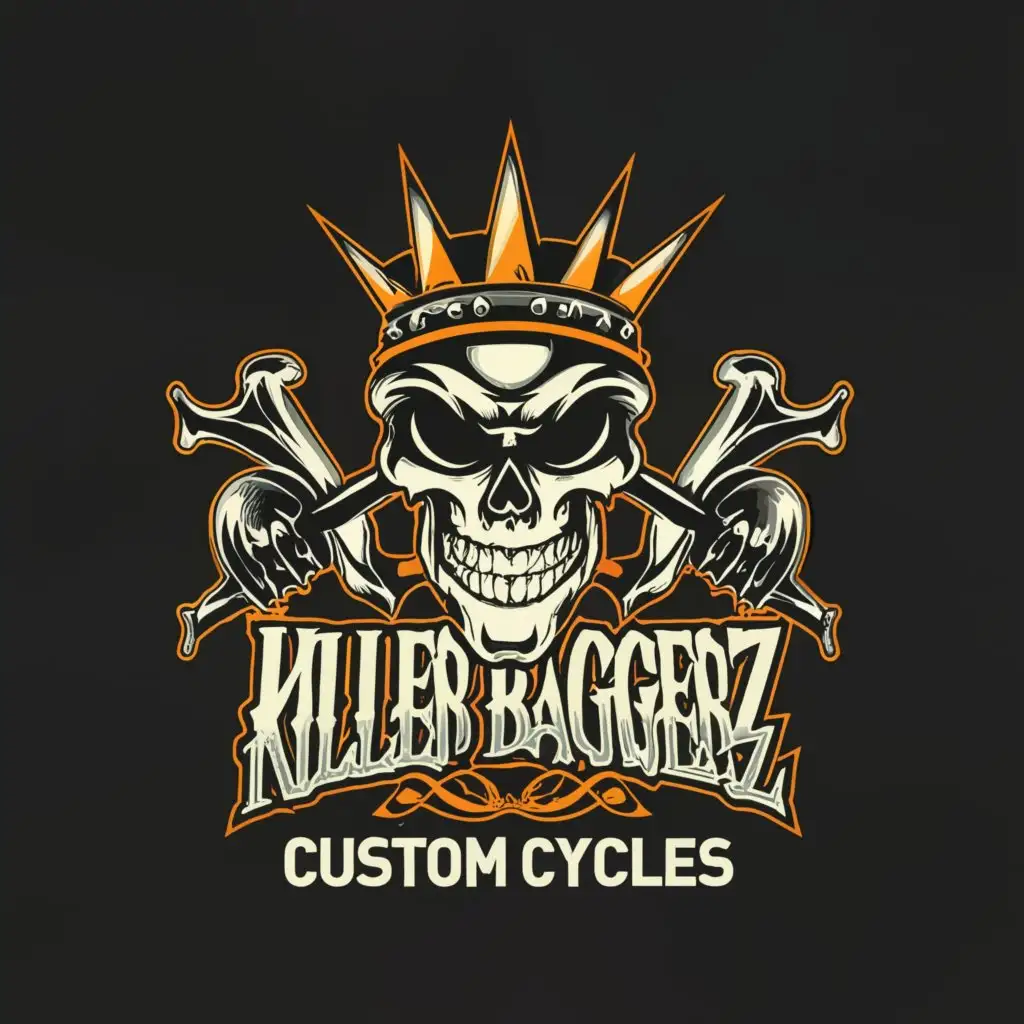 a logo design,with the text "killer baggerz custom cycles", main symbol:kings crown, skulls,,Moderate,be used in Automotive industry,clear background