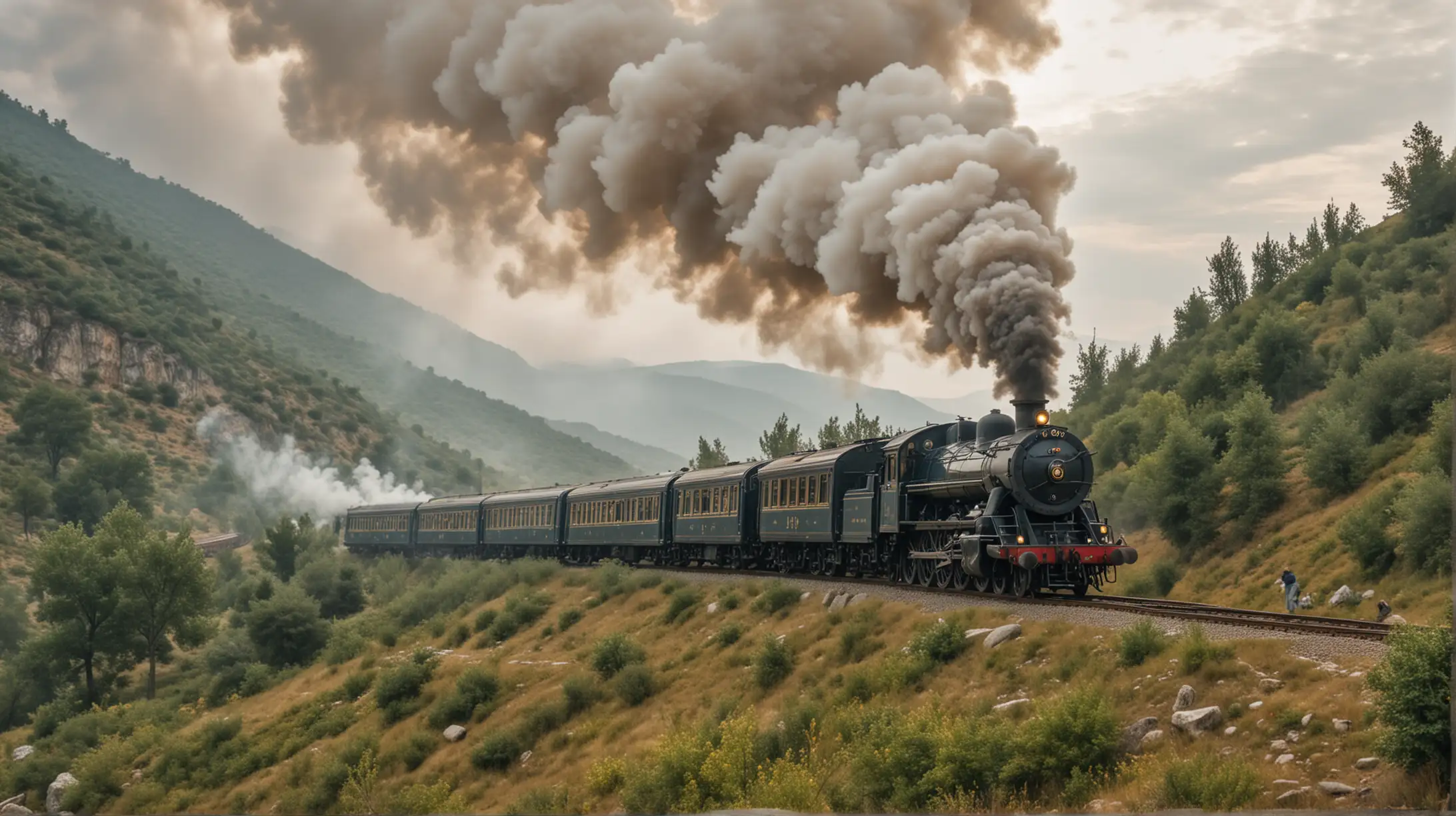 the original Orient Express runs through the wilderness in Turkey, cloudy, steam, smoke