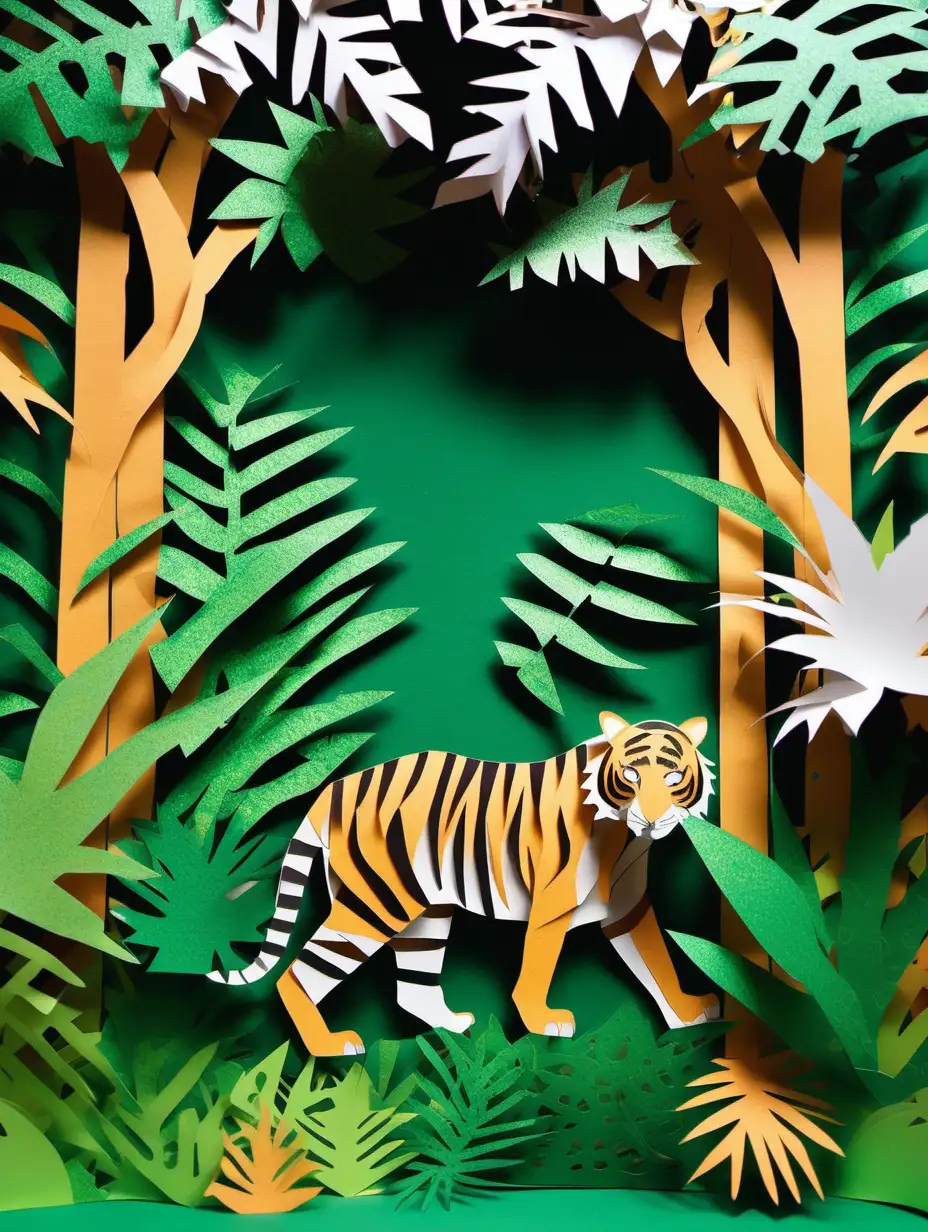A jungle of tropical plants, trees and leaves and a tiger, built from paper cutouts