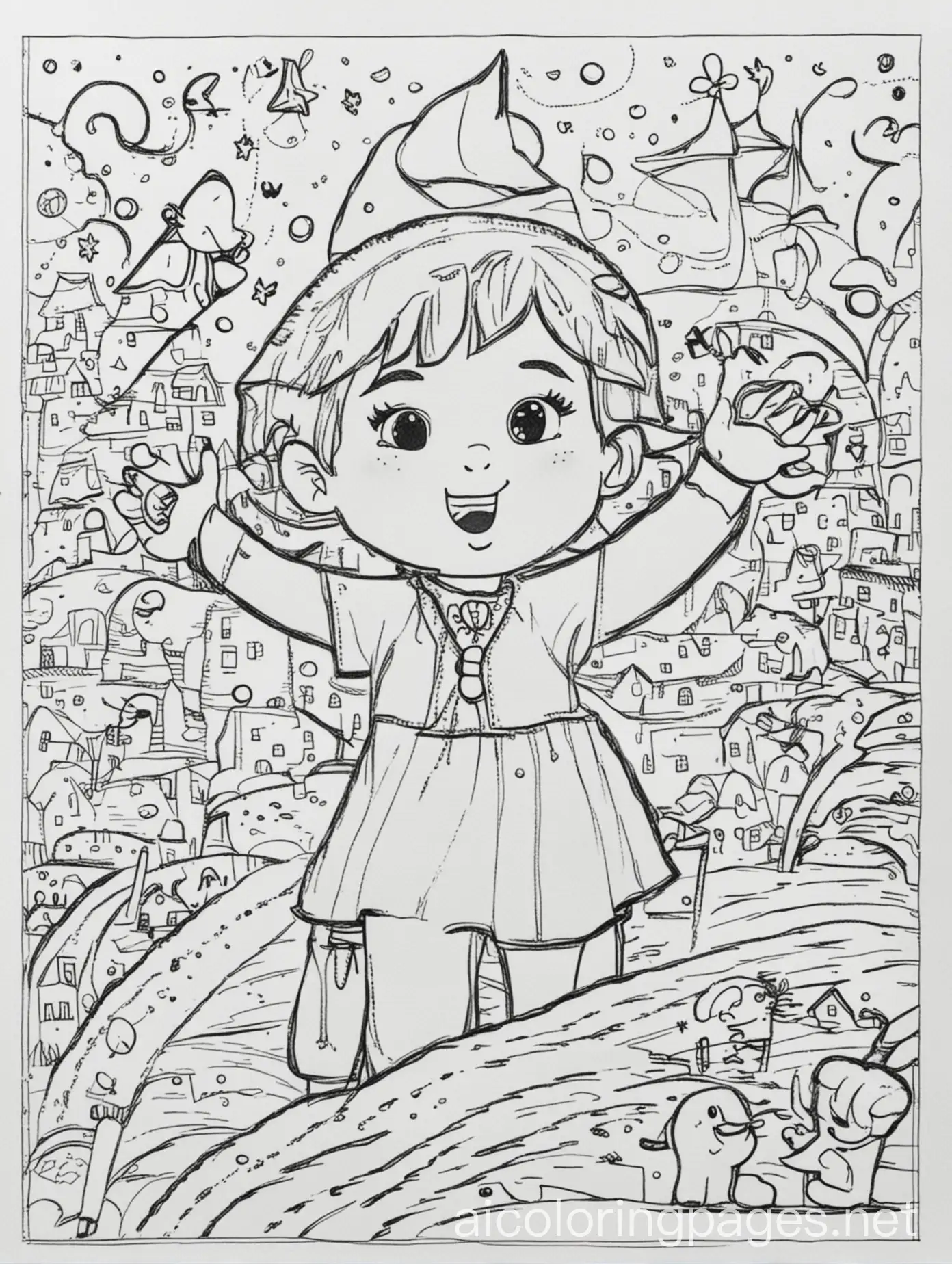 Kid's Fun. New Year, Coloring Page, black and white, line art, white background, Simplicity, Ample White Space. The background of the coloring page is plain white to make it easy for young children to color within the lines. The outlines of all the subjects are easy to distinguish, making it simple for kids to color without too much difficulty