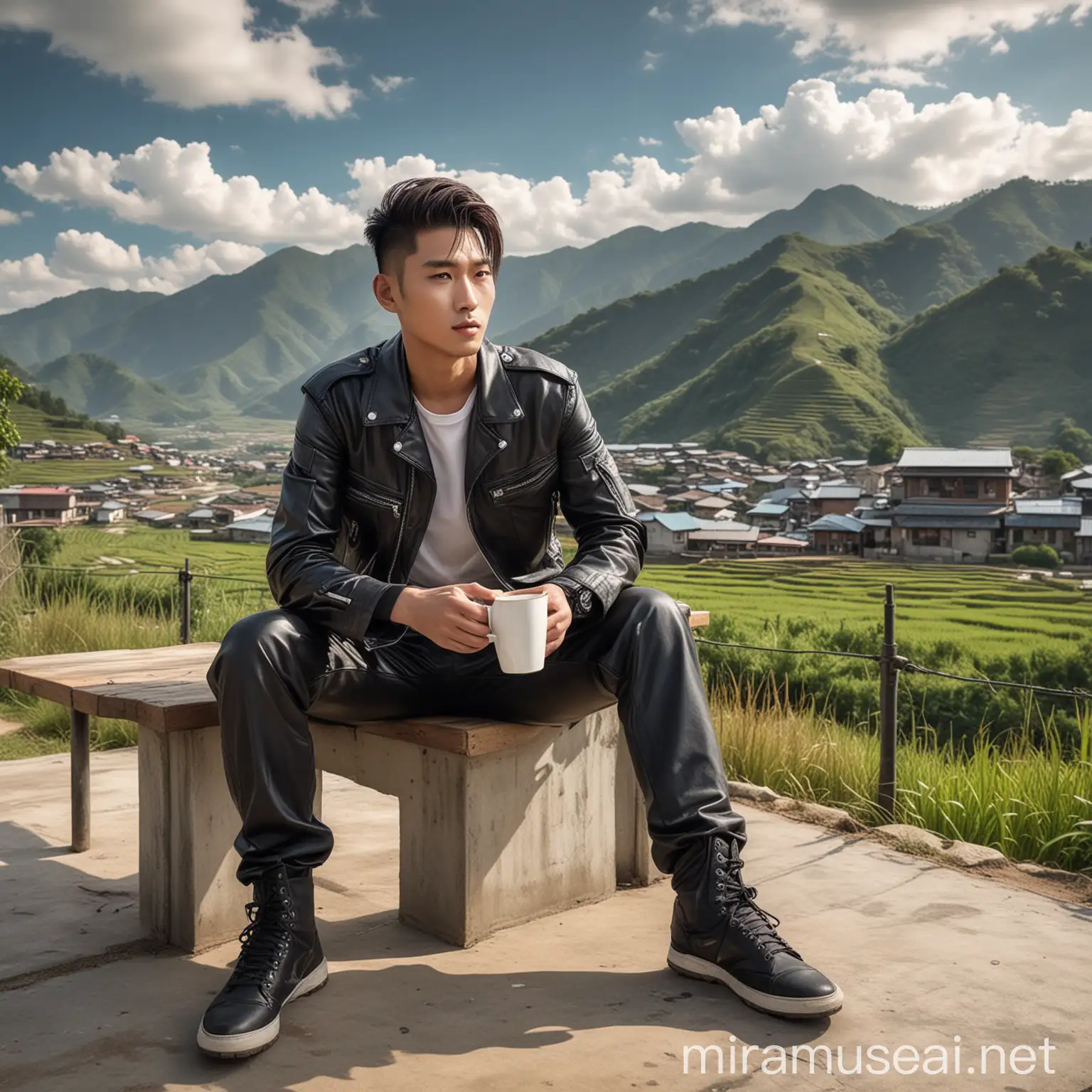 Stylish Korean Man Enjoying Coffee on Terrace with Mountain and Rice Field Views