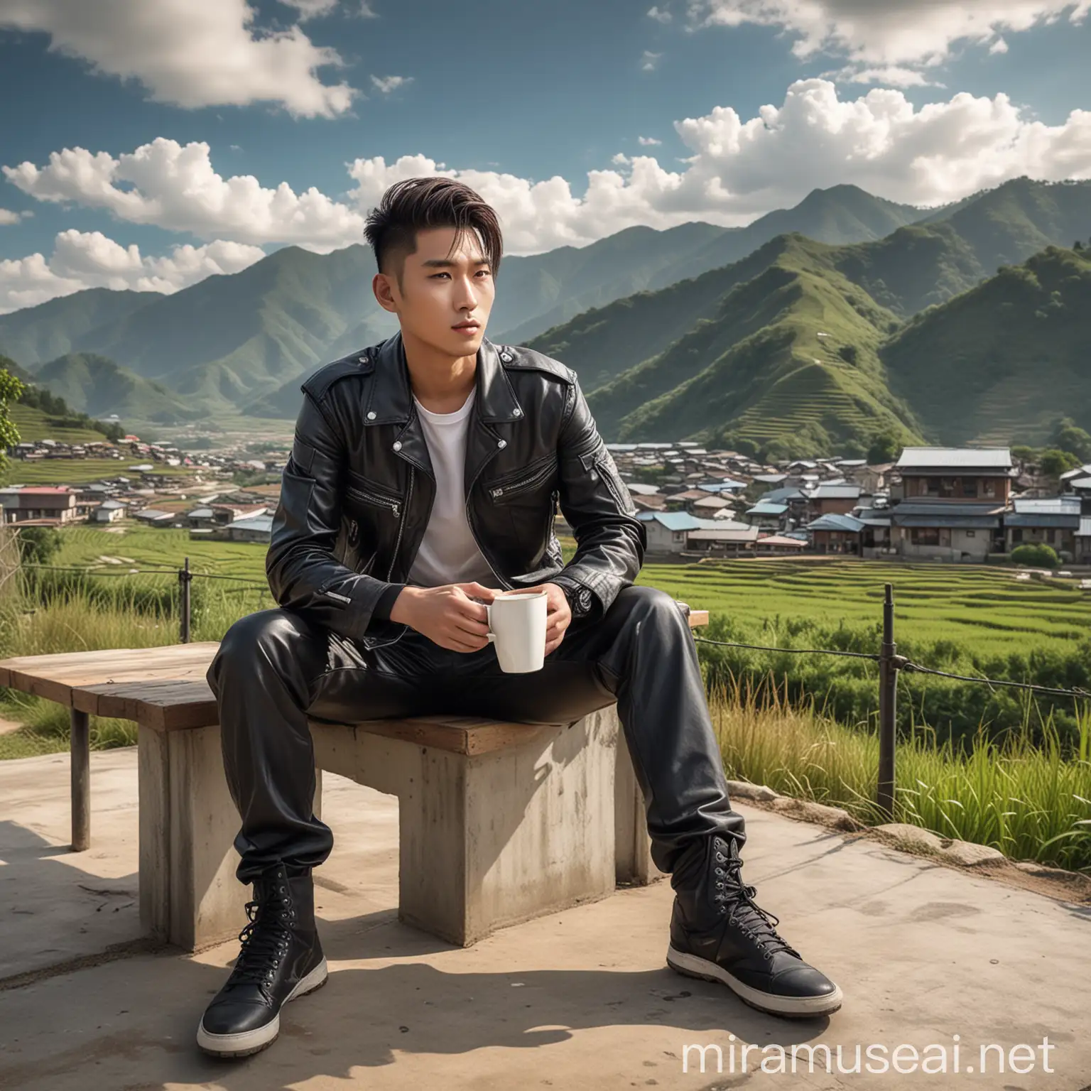 seorang pria Korea tampan rambut undercut ,dan,jaket kulit dan celana cargo panjang, sedang duduk di teras dengan memegang segelas kopi di tangan nya, wajah menghadap ke kamera background pemandangan gunung dan sawah dari atas rumah panggung dan hijau sangat sejuk, menikmati suasana pagi hari yg tenang, awan biru yg cerah, realistis ultra HDR extreme original face, pastikan gambar sempurna