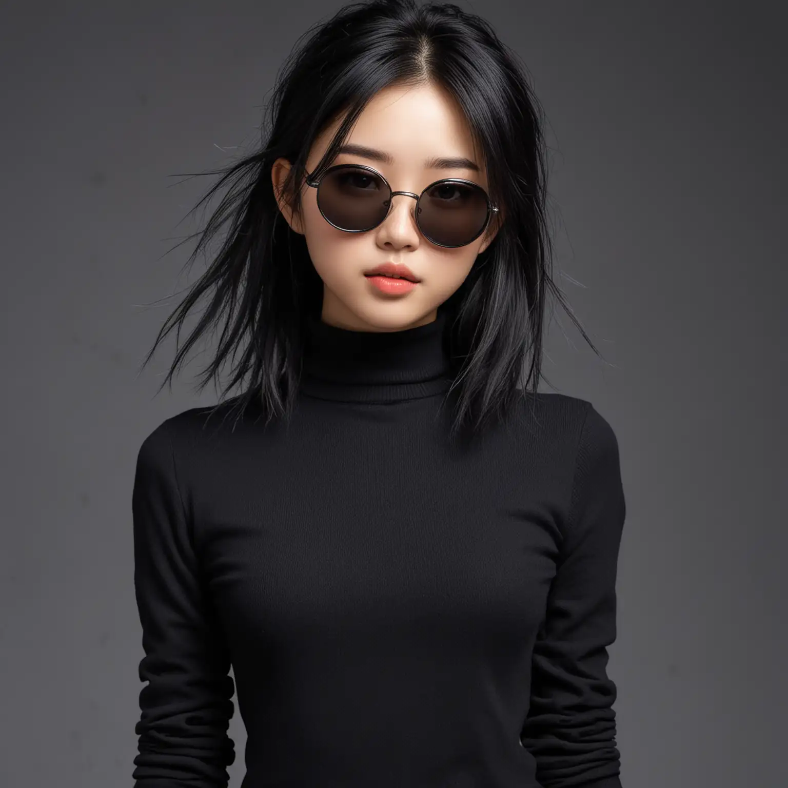 Very cool Chinese girl with a round face, wearing a black slim-fit suit and a black half-turtleneck sweater, shoulder-length black messy hair, sunglasses, Japanese anime style