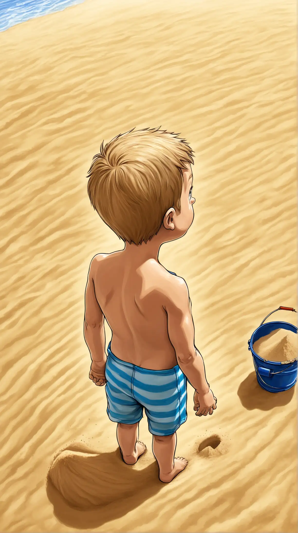 Cartoony color:   From behind extreme high angle of a four year old boy in a bathing suit with a pale of sand in one hand and a little shove in the other.  His head is tilted back as he looks up at the sky