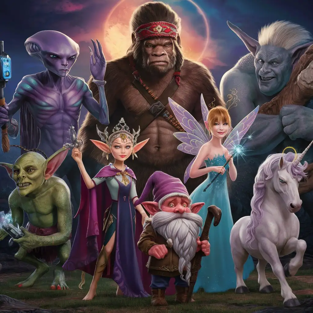 realistic -bigfoot, an alien, a fairy, an elf, a goblin, a troll, a Gnome, a Unicorn in one cohesive image as a class picture
