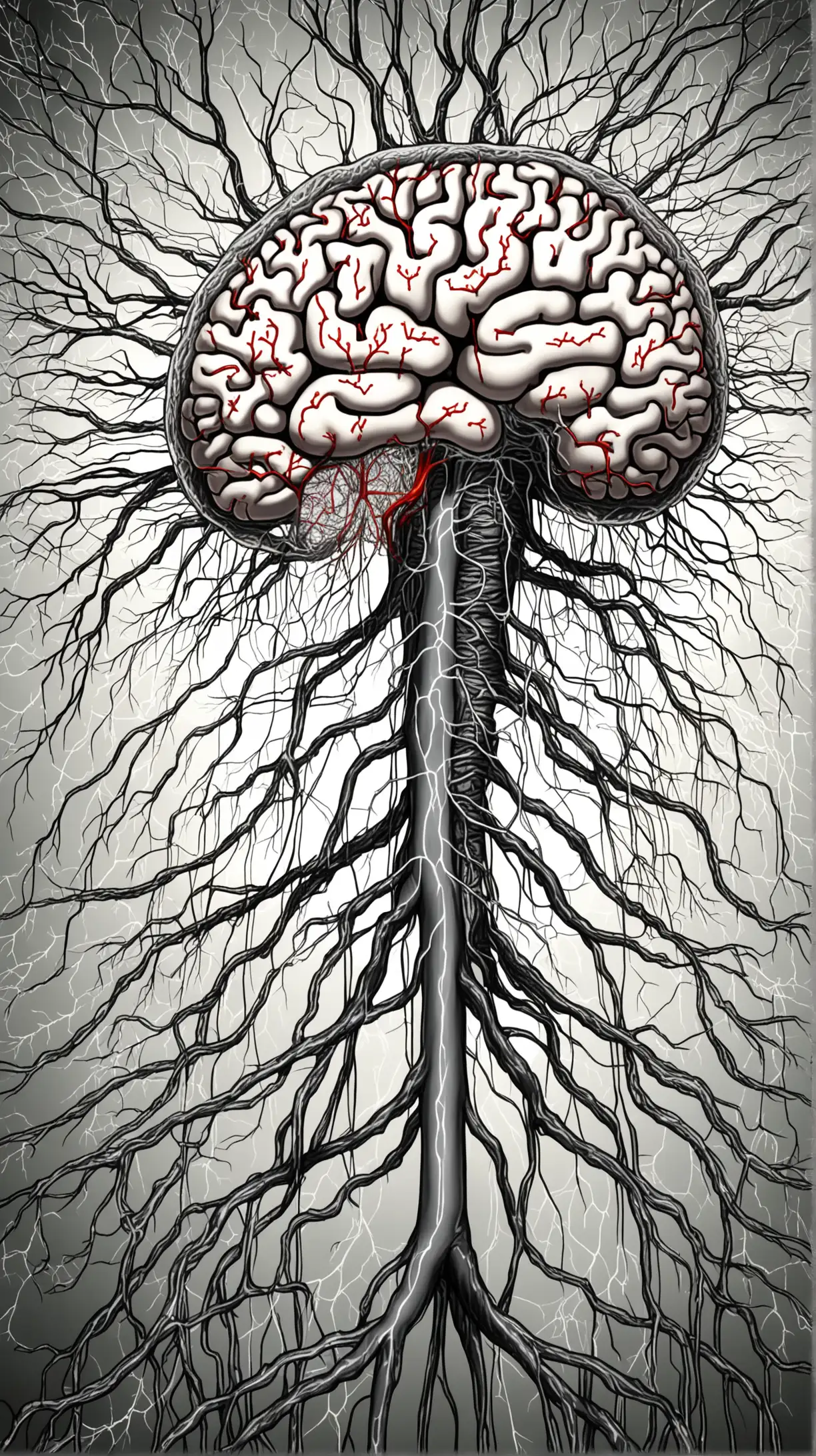 a drawing of a brain on a branch, nervous system, nerve system, visible nervous system, with arteries as roots, neuron, nerve cells, rhizomatic network, root system, immortal neuron, neuron dendritic monster, human circulatory system, blood vessels, grey matter and neurons, axon, dense web of neurons firing