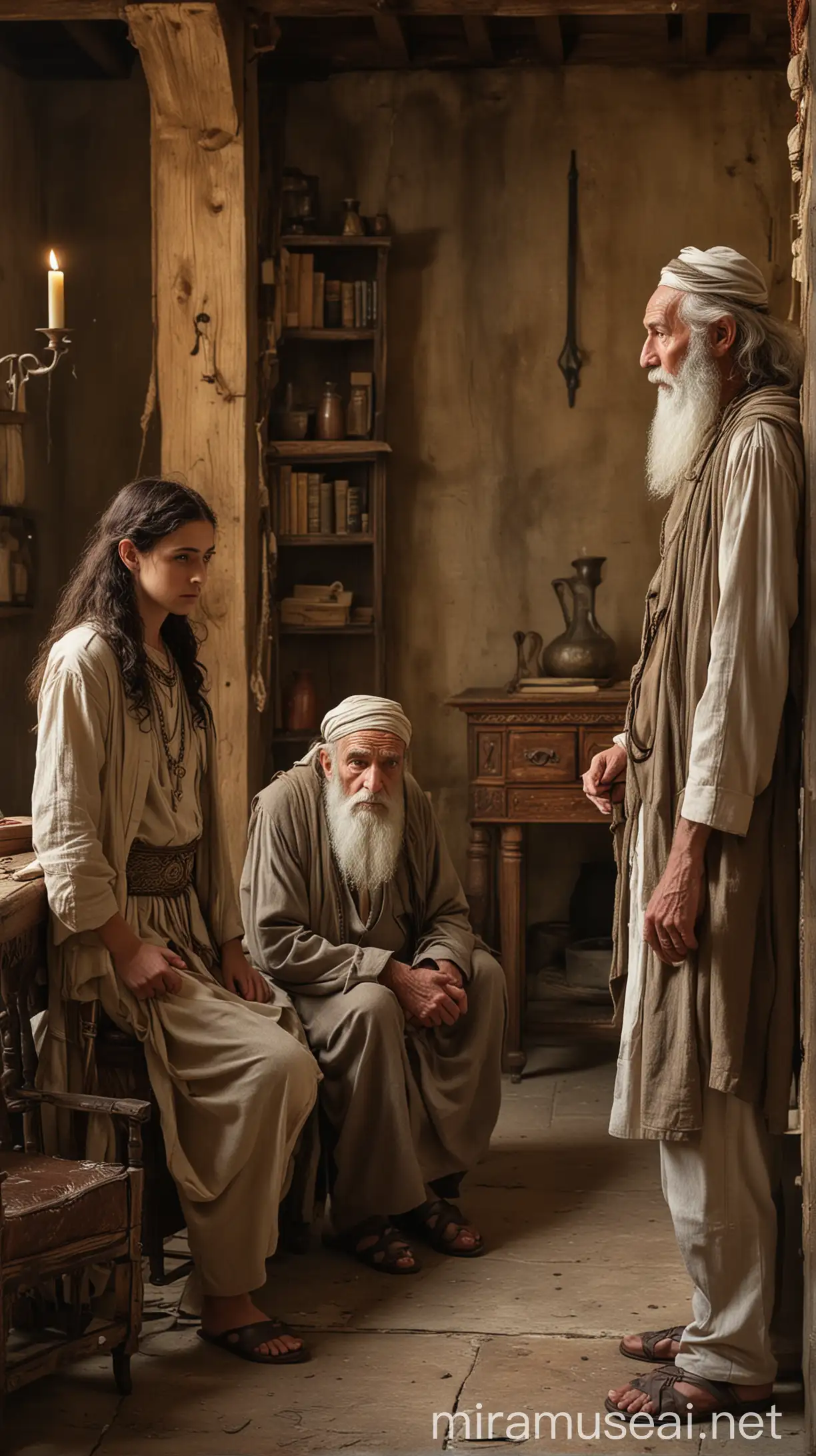 Ancient Jewish Men in Serious Conversation with Lady Tamar in Rustic Setting