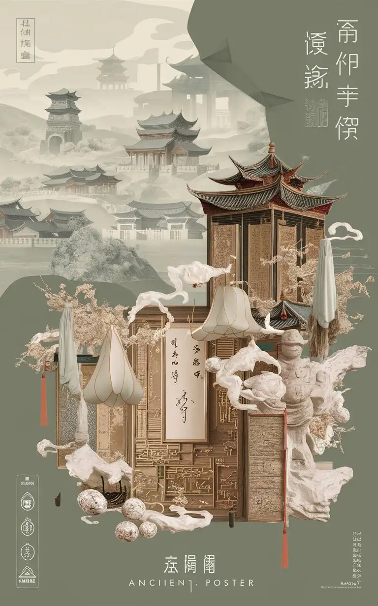 poster design, Chinese style, planar, ancient Chinese architecture, light color scheme