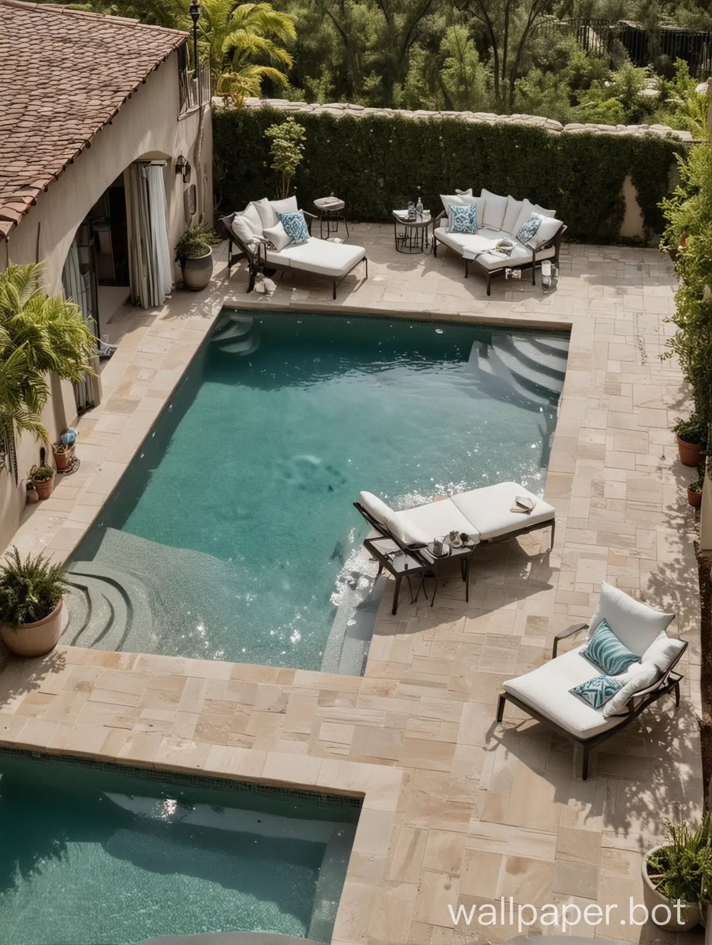 Patio furniture and a pool