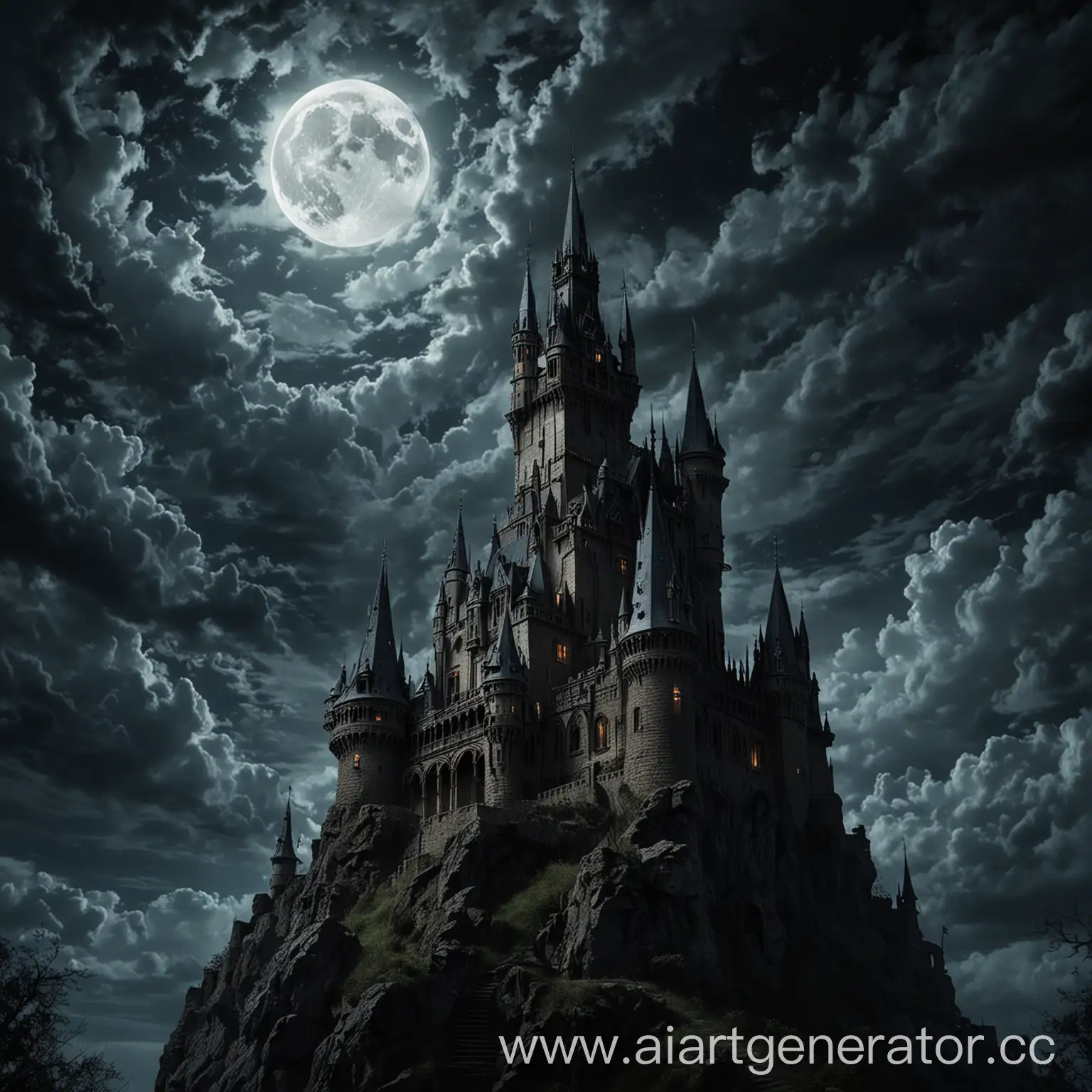Gothic-Castle-at-Night-Under-Cloudy-Moonless-Sky