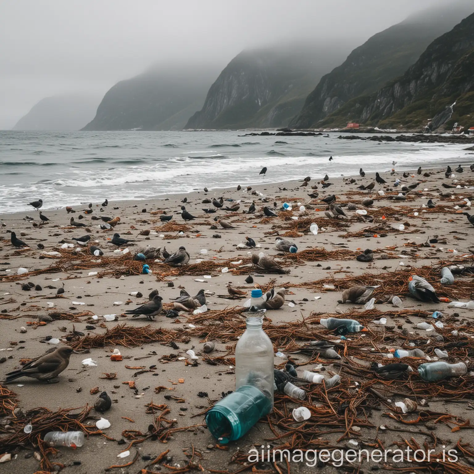 It is an overcast day on a norwegian beach. There are plastic bottles on the ground, and birds sitting near them.
