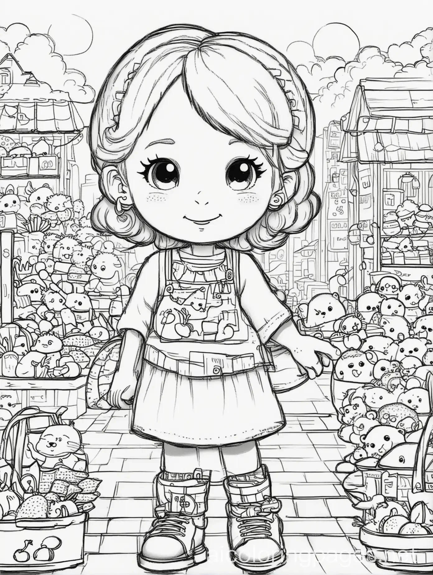 Kid fun friends. In Market, Coloring Page, black and white, line art, white background, Simplicity, Ample White Space. The background of the coloring page is plain white to make it easy for young children to color within the lines. The outlines of all the subjects are easy to distinguish, making it simple for kids to color without too much difficulty