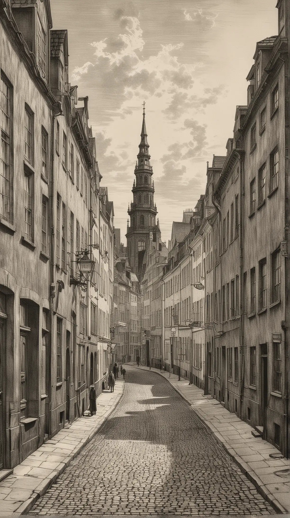 Etching of 1850 Copenhagen Street Scene