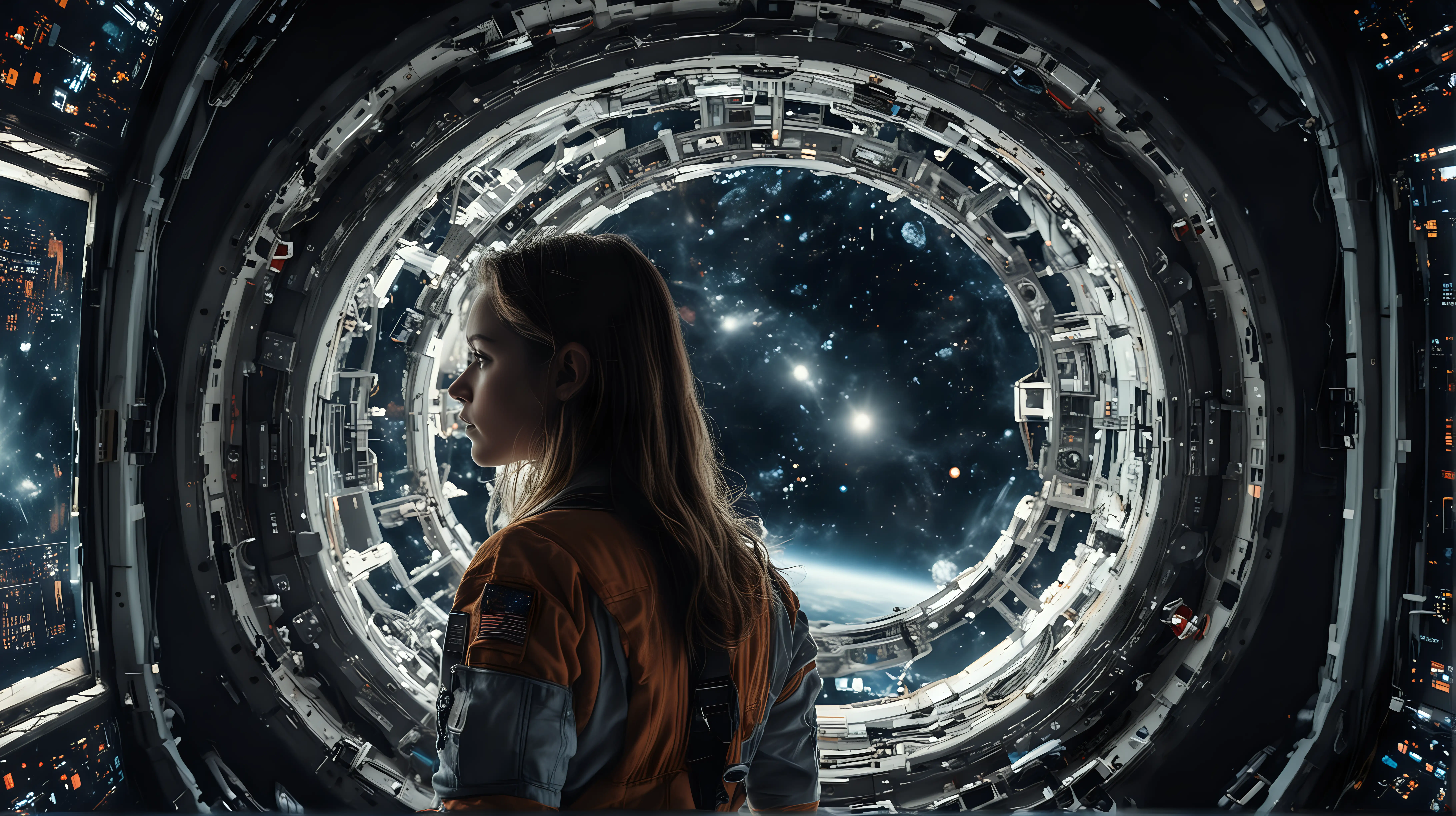 Young Woman Astronaut Observing Galaxies in Interstellar Spaceship Control Room