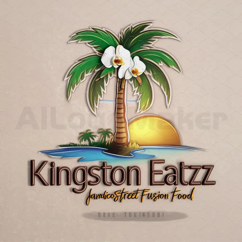 a logo design,with the text "Kingston EatZZ", main symbol:palm tree, island, sunrise,Jamaican street fusion food,food trailer ,Jamaican food, pink , Orchid Flower,Moderate,be used in Food truck industry,clear background