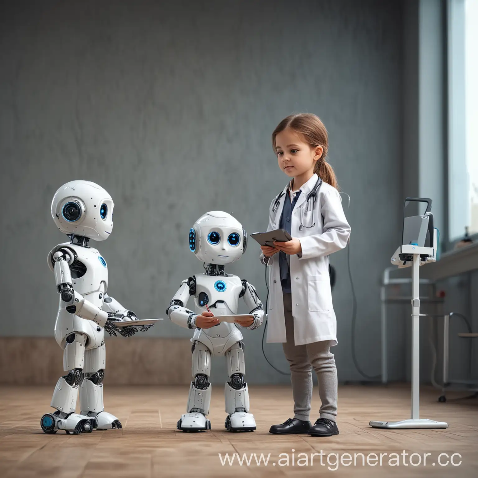 Маленькие милые роботы-интерны в медицинских халатах, проводящие опрос у людей
