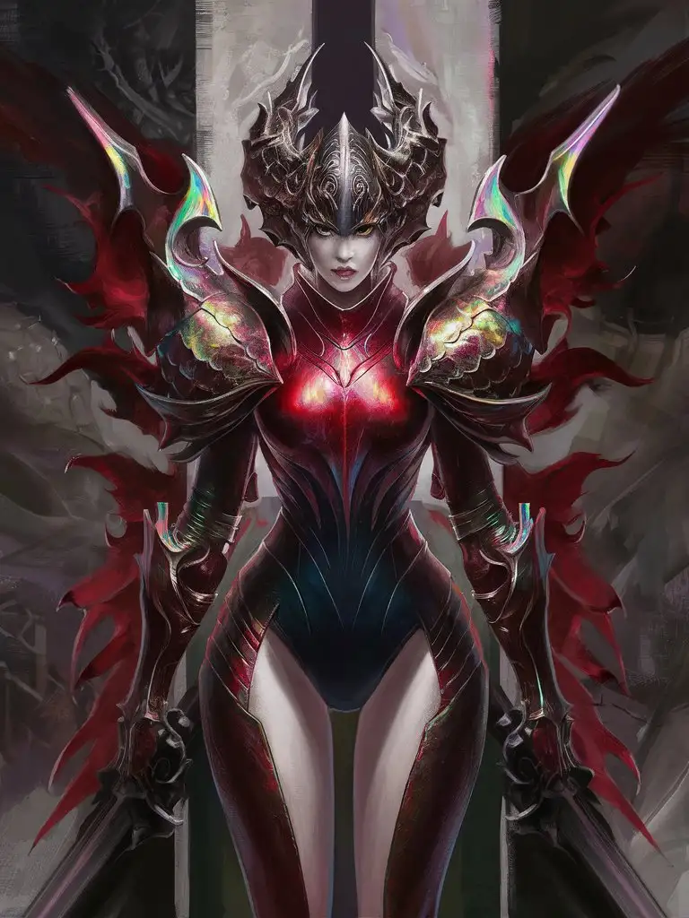 dragon knight, girl in dragon armor, iridescent red and black colors, helmet with an unusual design, closed helmet, epic, Dark Fantasy, Art, abstraction