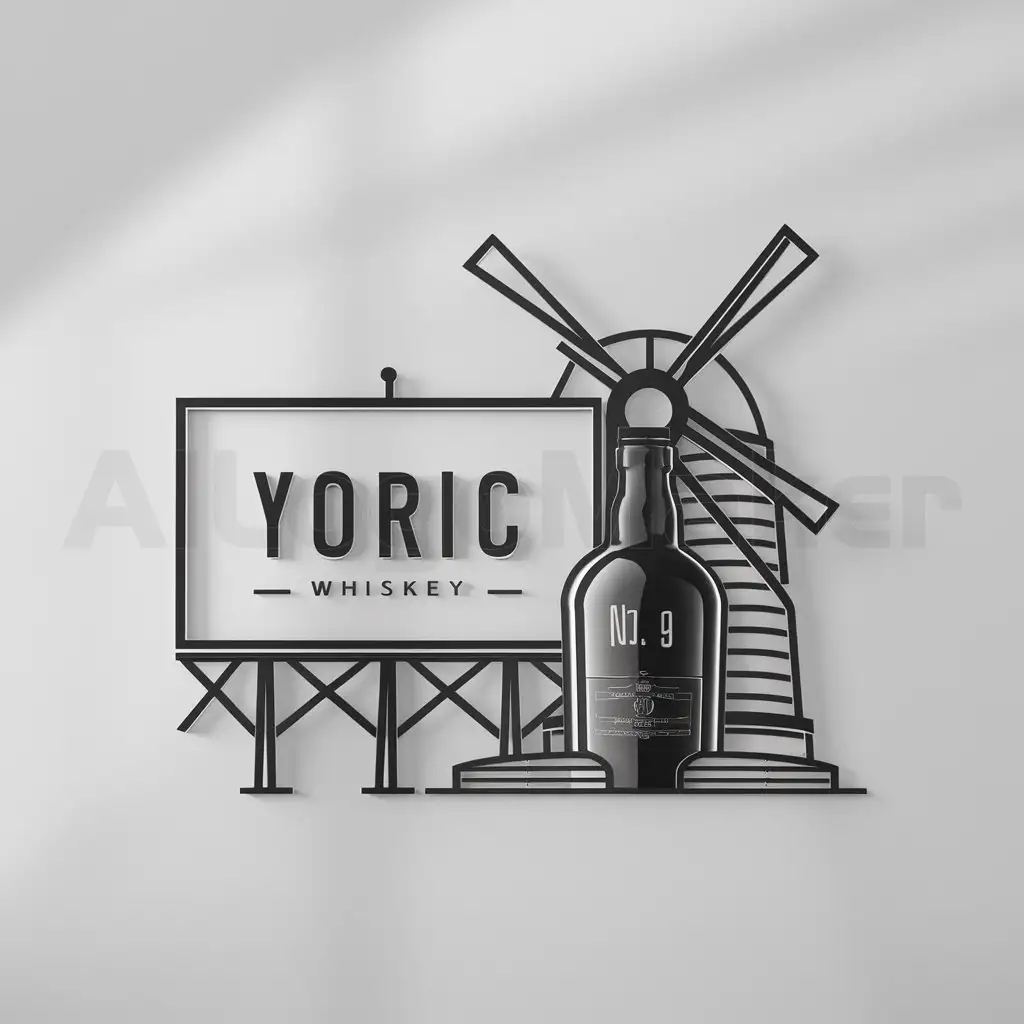 a logo design,with the text "YORIC", main symbol:A large billboard depicts a bottle of whiskey with the inscription. 'No. 69', and behind the bottle is a flour mill,Minimalistic,clear background