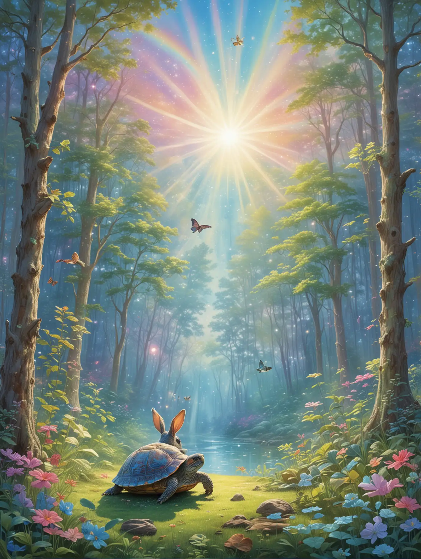 please create a transcendent pastel rainbow sparkly heavenly artwork of a peaceful, bright, magical forest, with clear blue skies. there is a turtle. there is a bunny meditating, children's book illustration poster