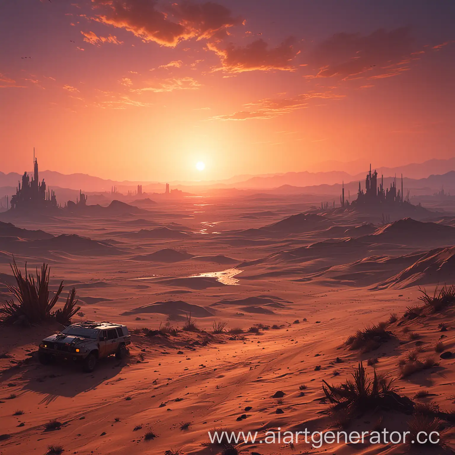 Cyberpunk-Desert-Landscape-at-Sunset-Riat-Cityscape