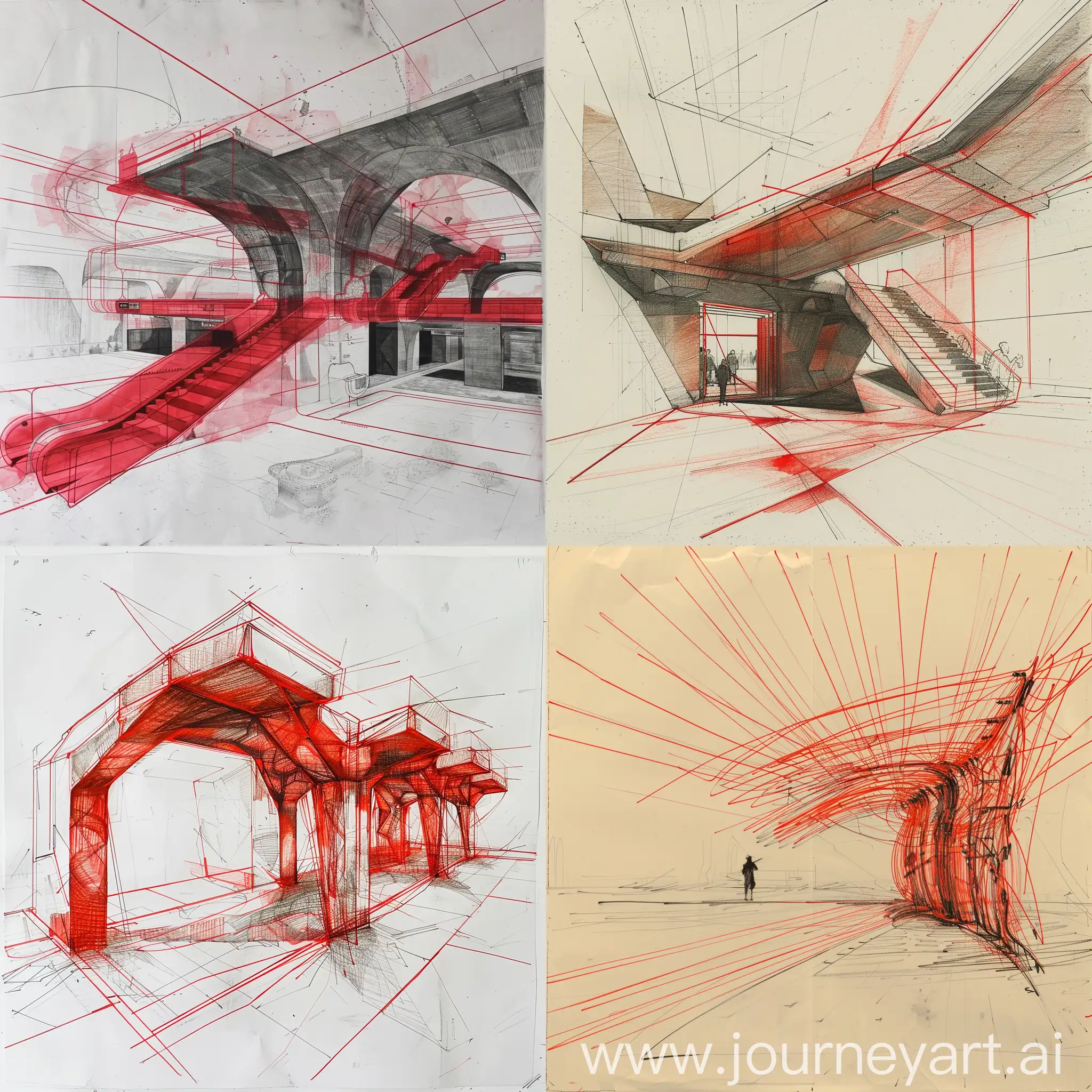 Эскиз сюрреалистического вокзала из красных линий