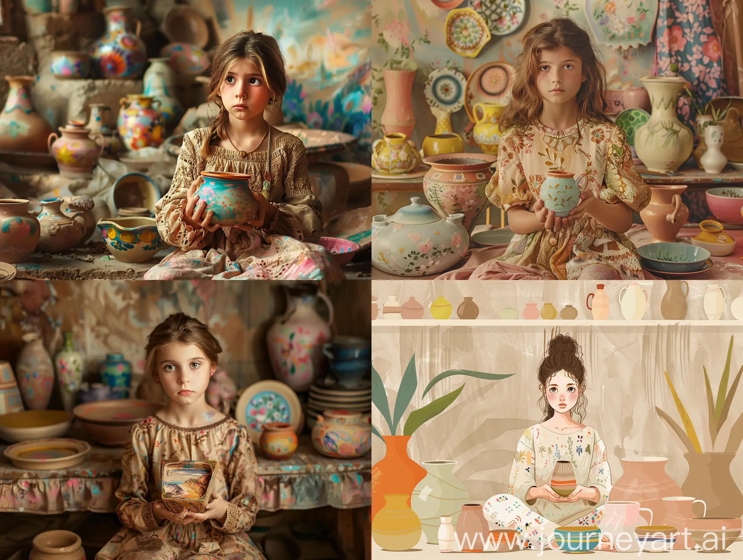 A girl sitting in a clay workshop, painted dishes and various vases in bright colors in the background. A girl with a natural and innocent appearance holds a handmade ceramic product in her hands, dressed in clothes, with a light pattern similar to the painting on handmade ceramic products. The colors, in particular, are pastel: beige, brown, pale pink, dark blue. Make everything as realistic as possible