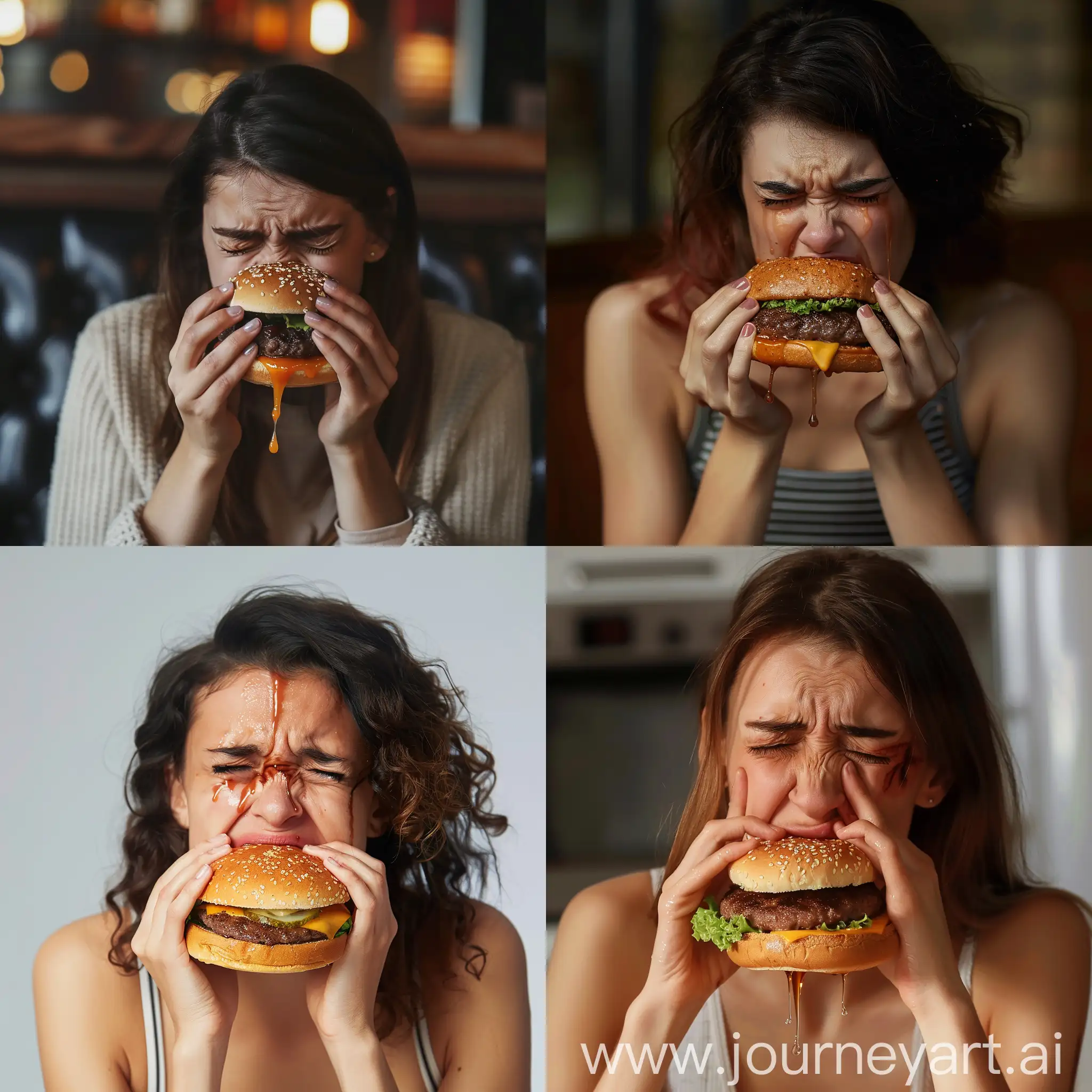 A young woman who eats a dripping mburger while she's crying 