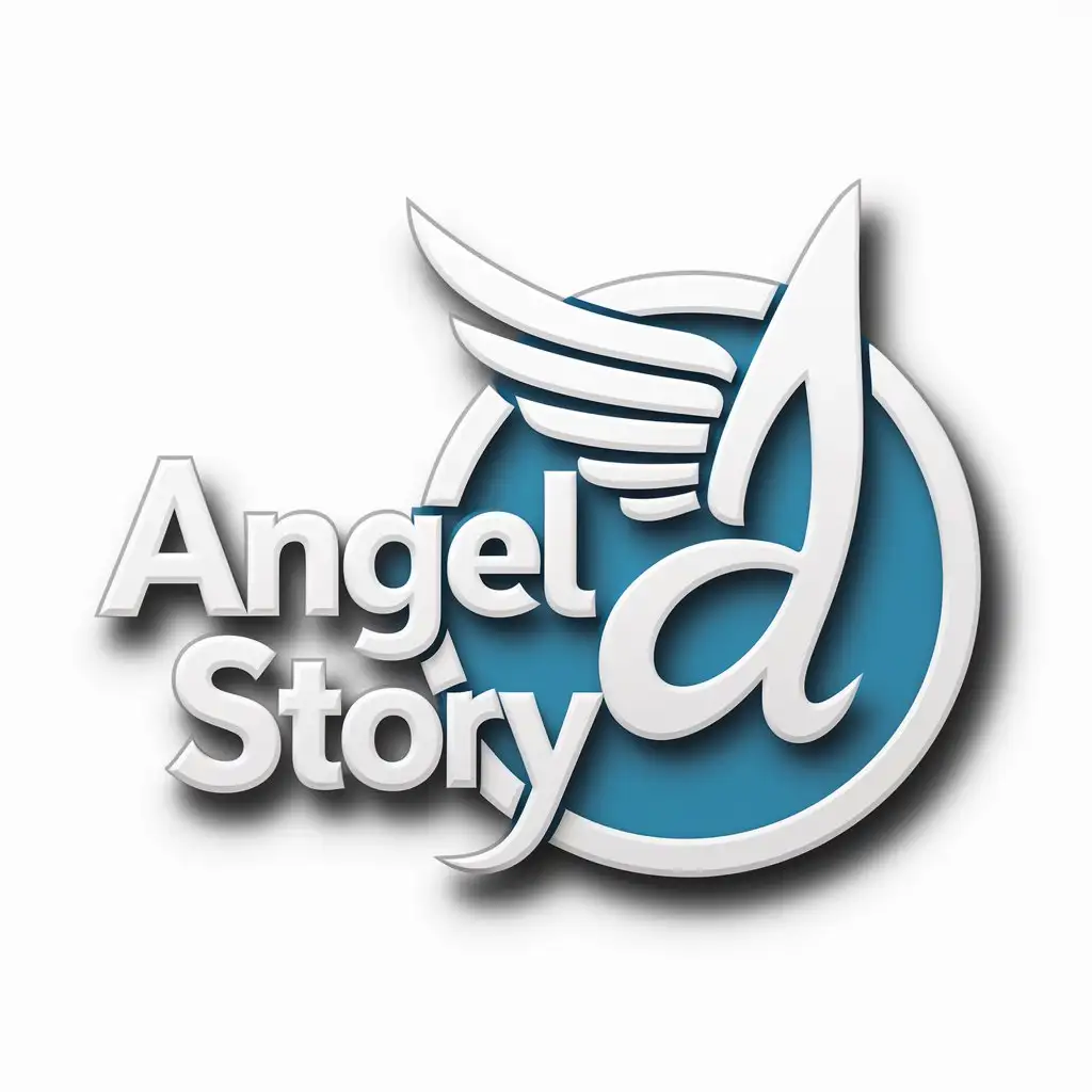 a logo design,with the text "Angel Story", main symbol:Target Angel wings  Story,color white and blue.mension moti not circle logo use,Moderate,clear background