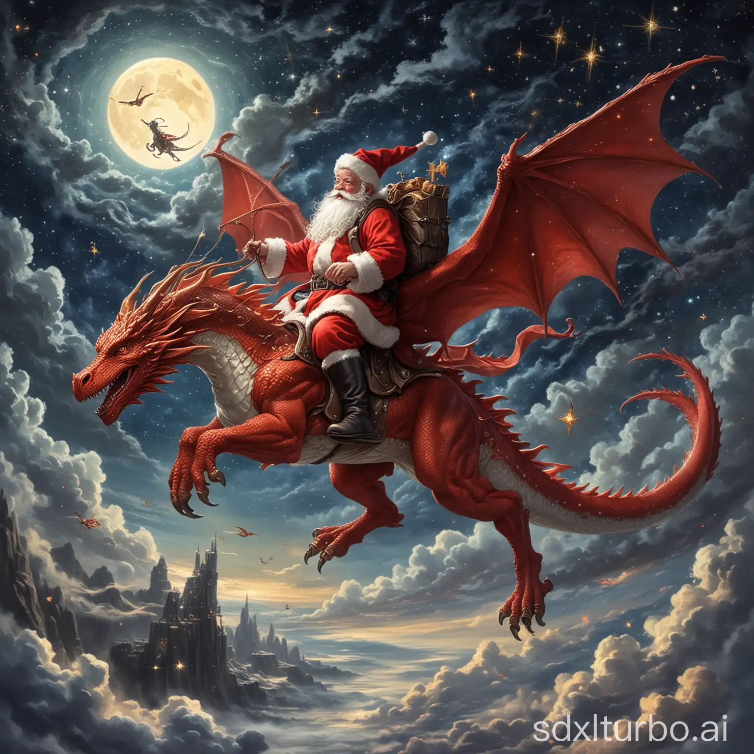 Santa, wie er auf einem glitzernden Flugdrachen reitet, der ihn hoch in den Nachthimmel trägt, wo die Sterne seine einzigen Begleiter sind.