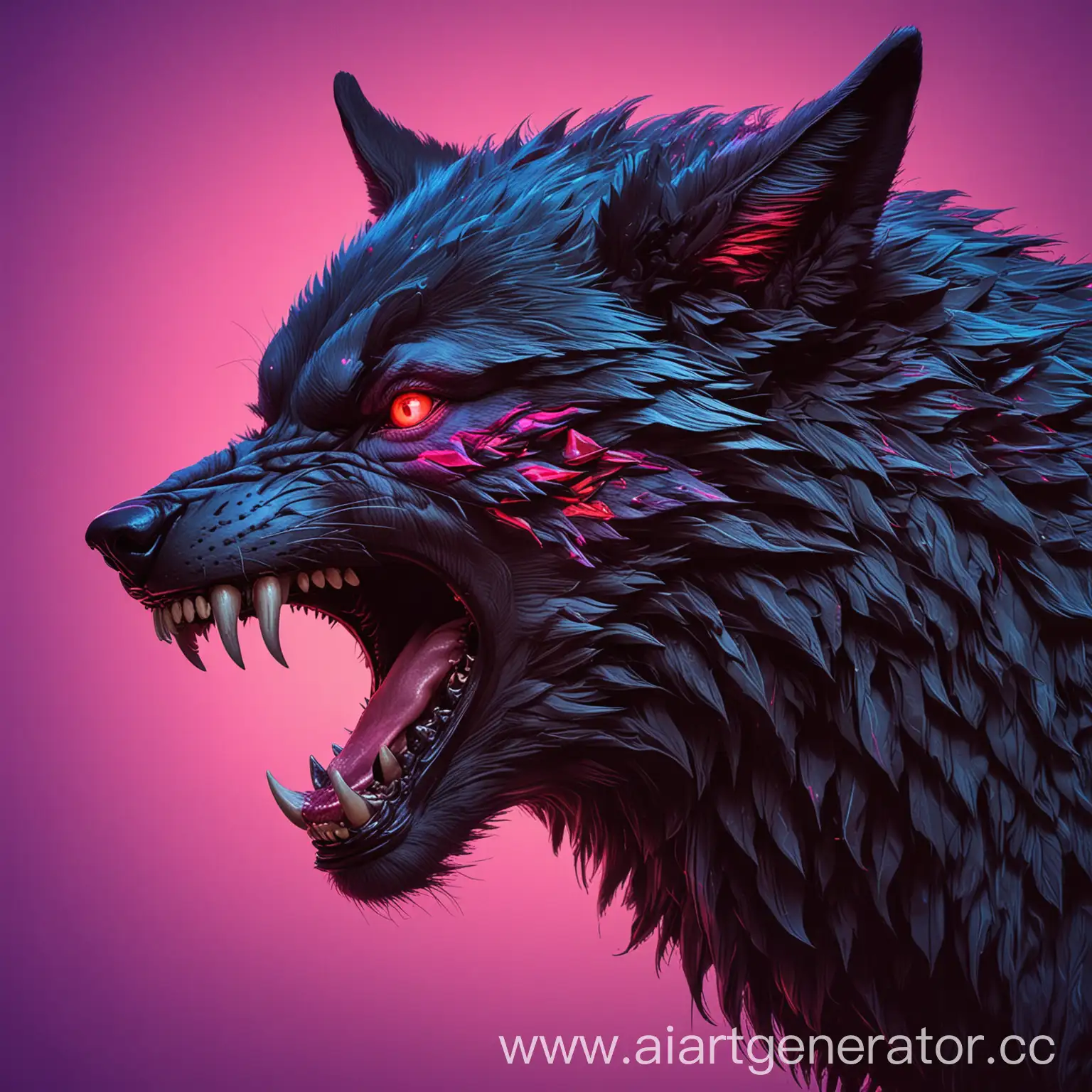 с видом сбоку графичный рисунок головы рычащего злого волка с черной шерстью красными глазами на неоновом розово-фиолетово-синем фоне детально ярко