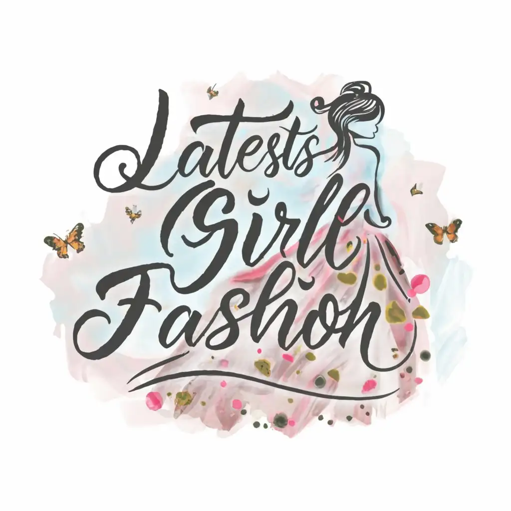 a logo design,with the text "Latest girl fashion", main symbol:An oil painting of girl wearing skirt butterflies and hearts around her,complex,be used in Beauty Spa industry,clear background