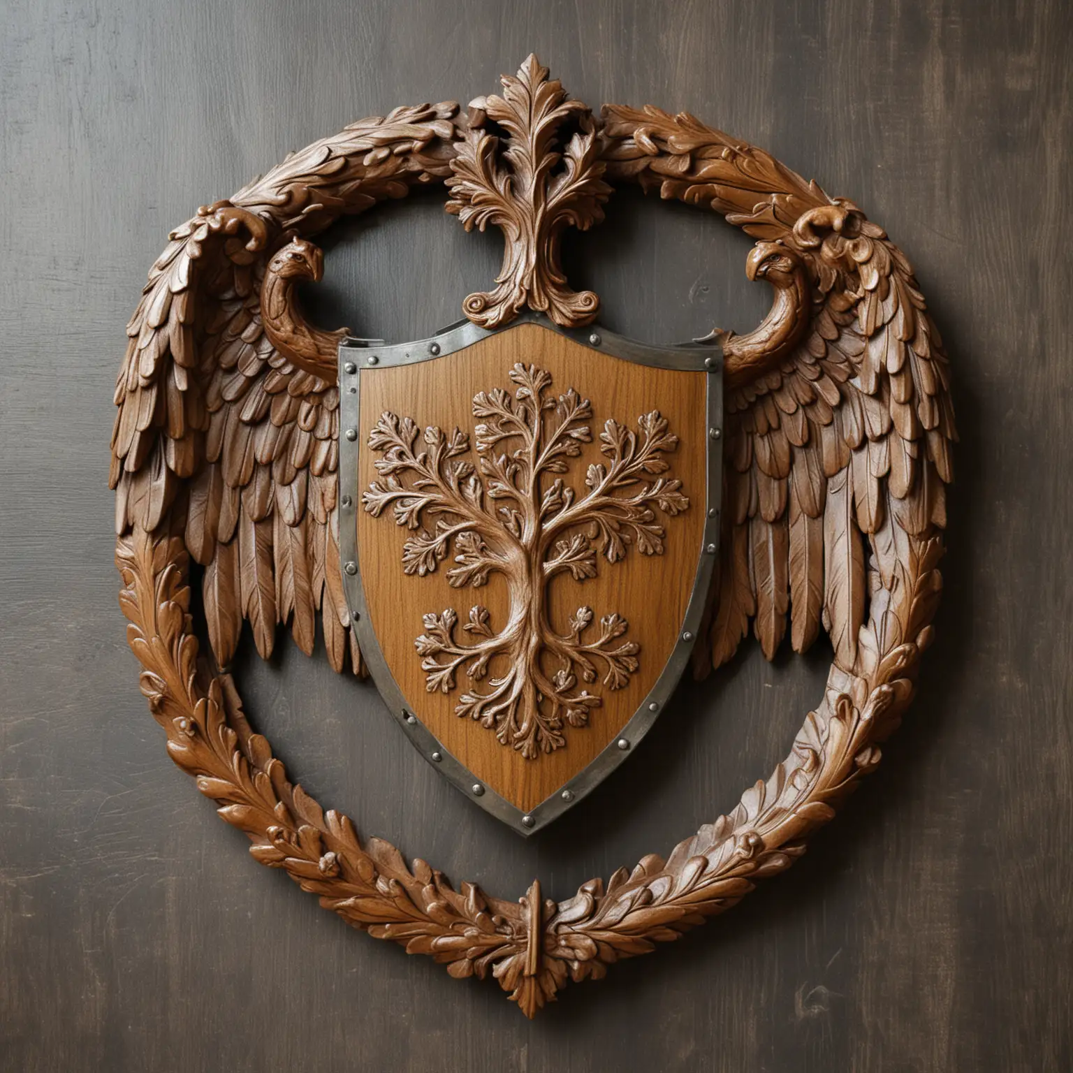 shield coat of arms, wings, oak tree, metal