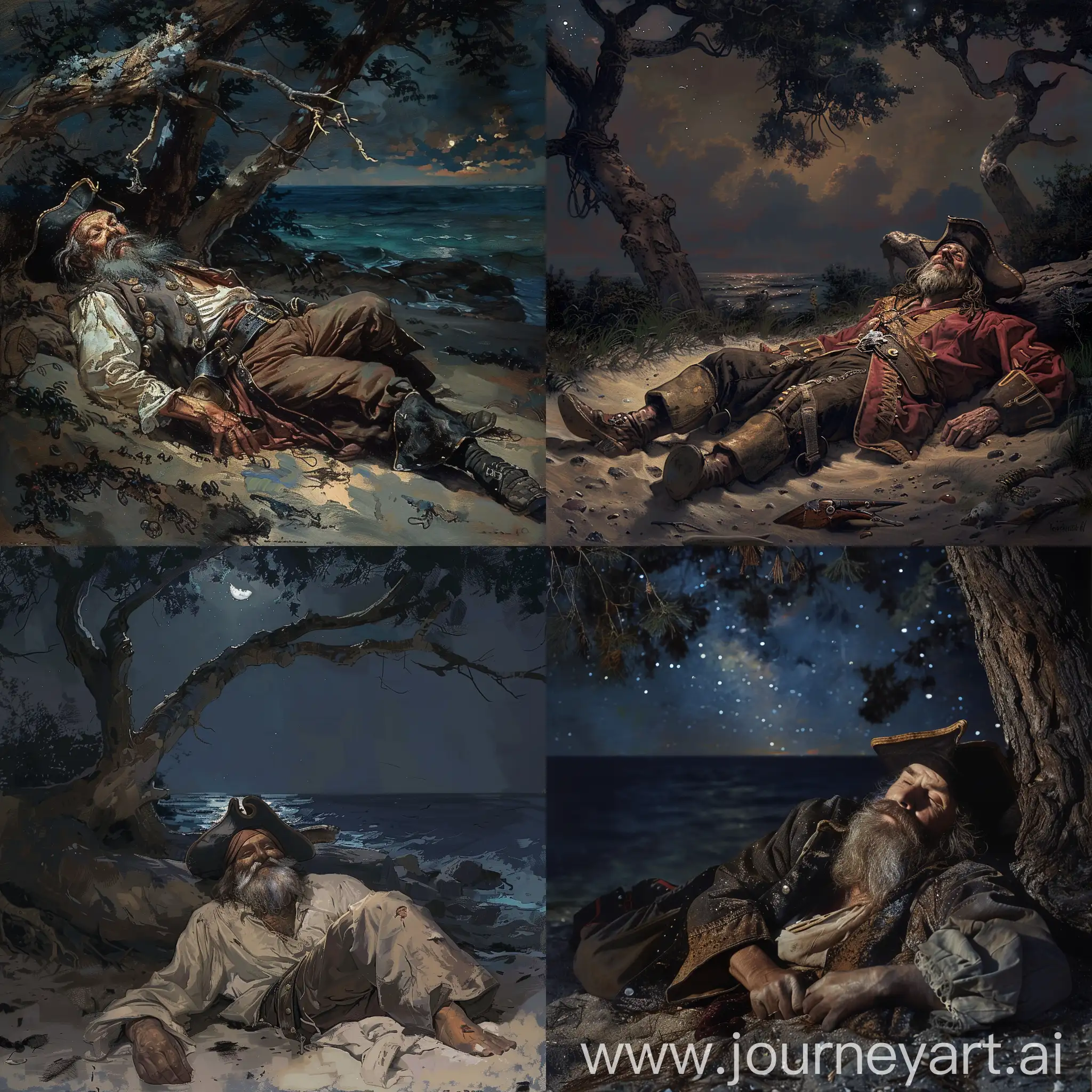 happy pirate with beard, old, lying on a beach, dark, night, trees