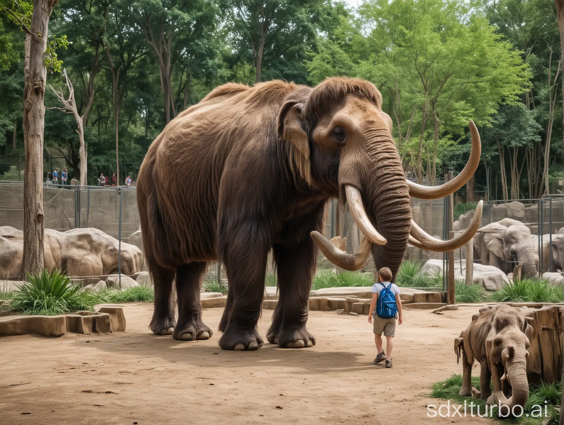 im hintergrund ein mammut in einem Zoo gehege,
vorne zoo besucher