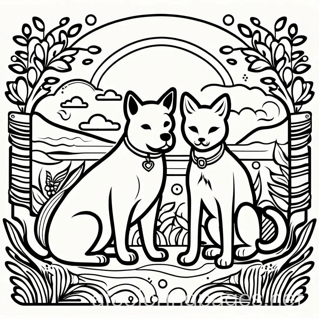The dog and cat are overjoyed and feel so lucky to have received this fortune for their small gesture of kindness. They realized kindness brought them together, gave them a task, and rewarded them. They live in kindness as best friends forever., Coloring Page, black and white, line art, white background, Simplicity, Ample White Space. The background of the coloring page is plain white to make it easy for young children to color within the lines. The outlines of all the subjects are easy to distinguish, making it simple for kids to color without too much difficulty