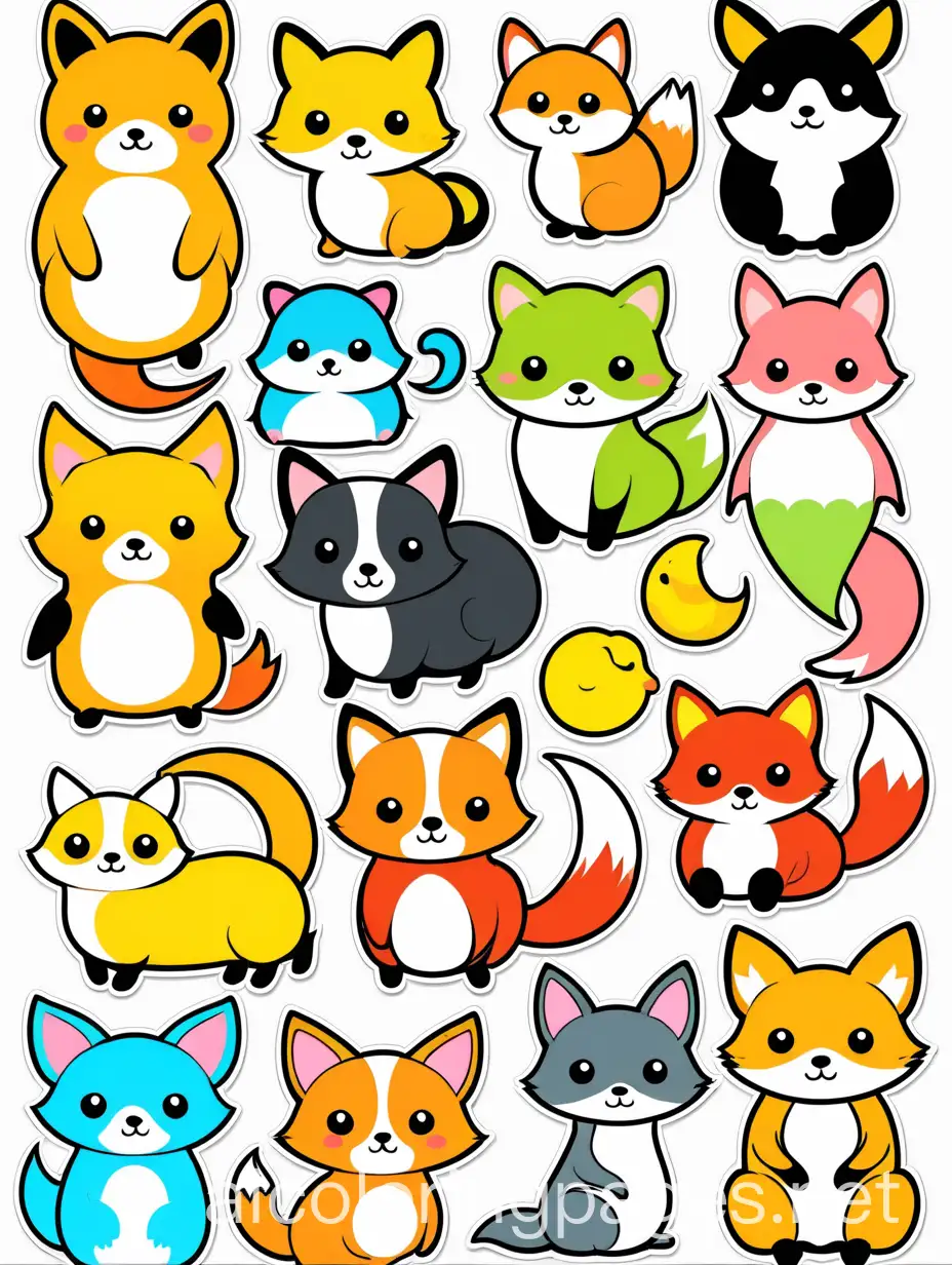 A collection of ten adorable cute cartoon animal stickers. The animals include a corgi, kola, a seahorse, a cat, a hamster, a red panda, a penguin, a axolotl, a flamingo, and a fox. Each animal is drawn in a vivid and colorful style, with expressive eyes and engaging poses., vibrant, illustration______, Coloring Page, black and white, line art, white background, Simplicity, Ample White Space.