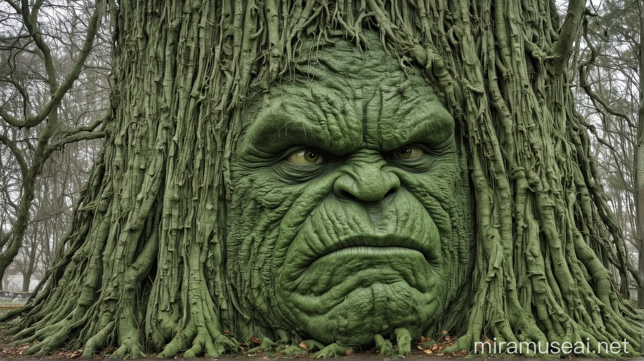 Giant Green Tree Evokes Hulks Presence in Natural Landscape