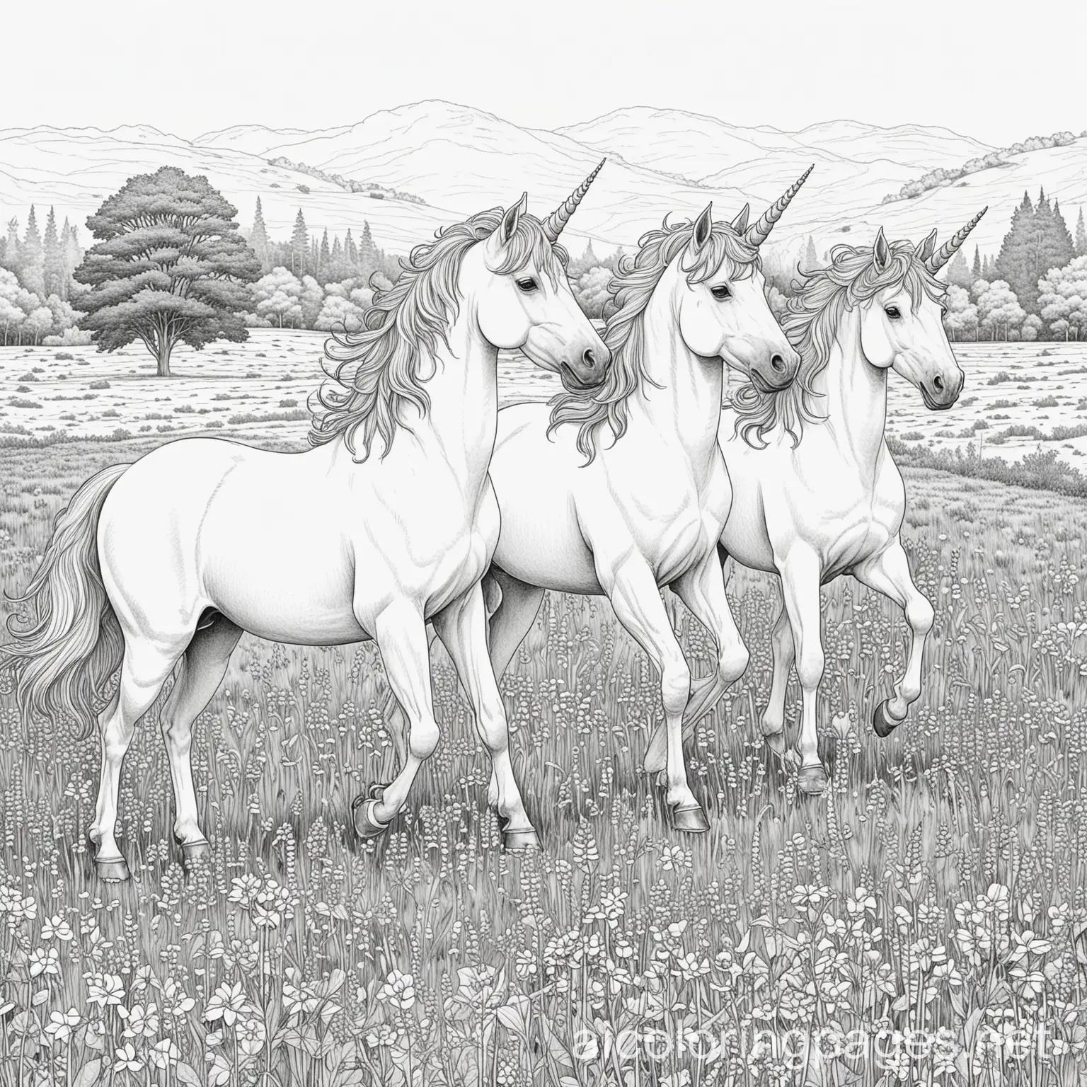 unicorns in a field, Coloring Page, black and white, line art, white background, Simplicity, Ample White Space. The background of the coloring page is plain white to make it easy for young children to color within the lines. The outlines of all the subjects are easy to distinguish, making it simple for kids to color without too much difficulty