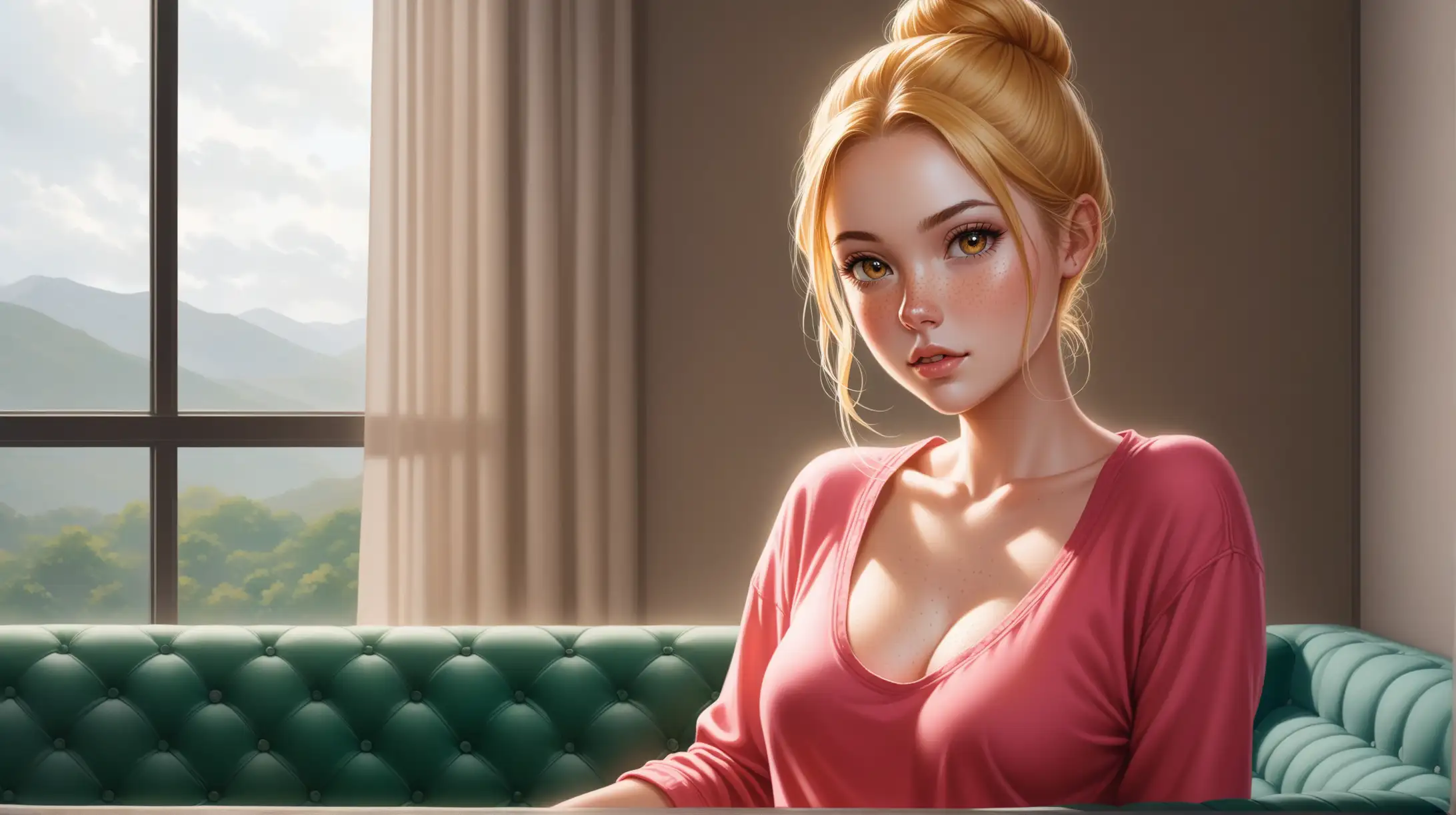 Draw a woman, long blonde hair in a bun, gold eyes, freckles, perky body, high quality, realistic, long shot, indoors, sofa, sitting, overcast lighting, colorful casual outfit, seductive, loving gaze toward the viewer