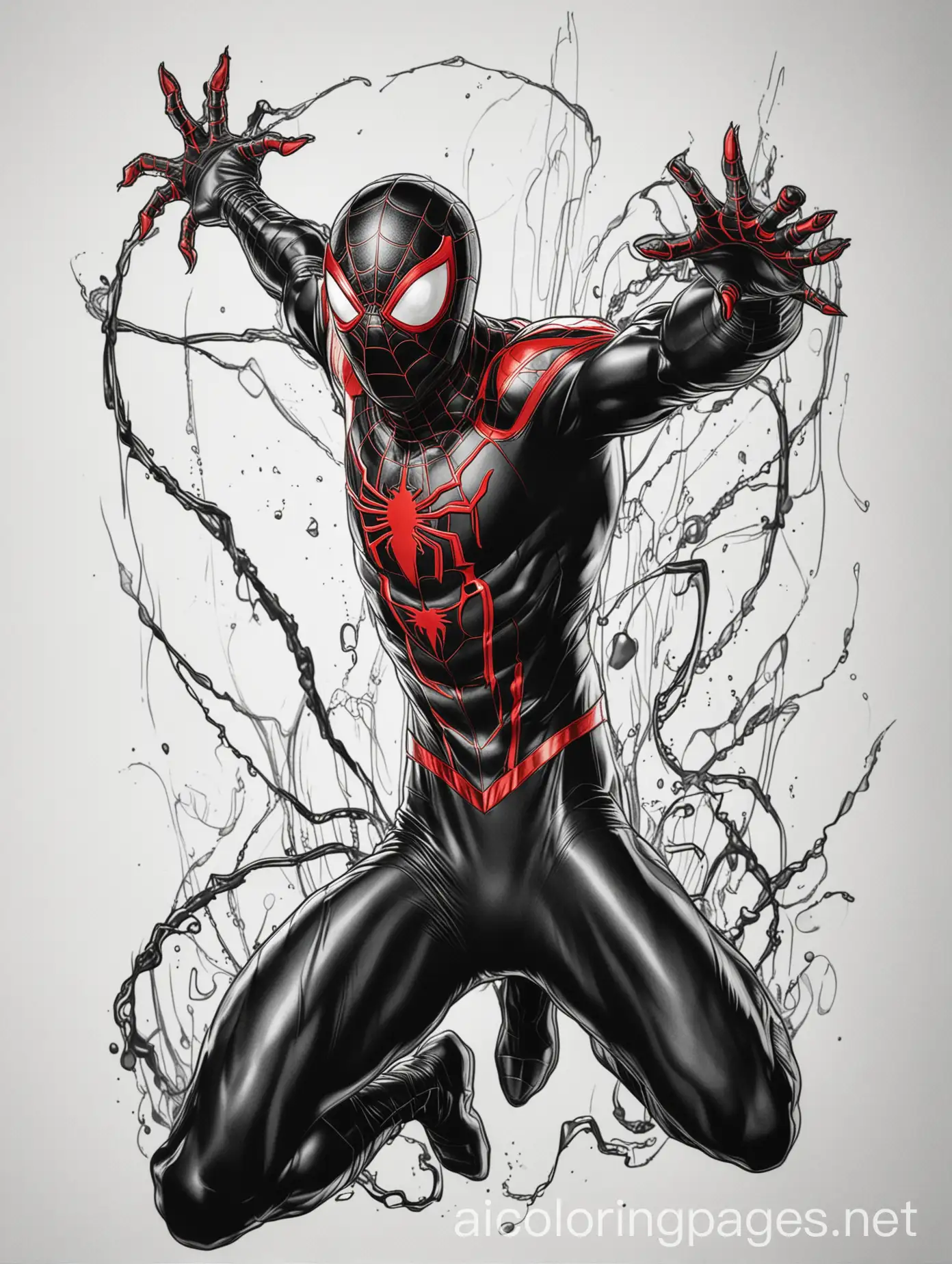 miles Morales fusion carnage, Coloring Page, black and white, line art, white background, Simplicity, Ample White Space. The background of the coloring page is plain white to make it easy for young children to color within the lines. The outlines of all the subjects are easy to distinguish, making it simple for kids to color without too much difficulty