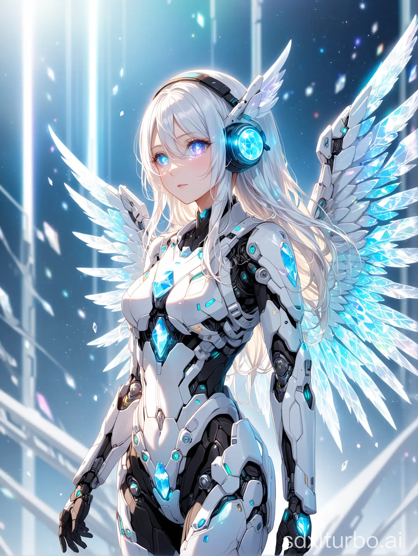 anime-style ,(masterpiece:1.2), (best quality:1.2), newest, intricate details, perfect anatomy, white theme, depth of field, bokeh, volumetric light,iridescent light, futuristic goggles (on eyes),nose frame,1 angel women, white long hair, futuristic empty space as background, (wearing futuristic multi layered exoskeleton),(huged crystal mechanical wings:1.2), crystal halo, (embossing decoration on body), (deep black trim on exoskeleton),