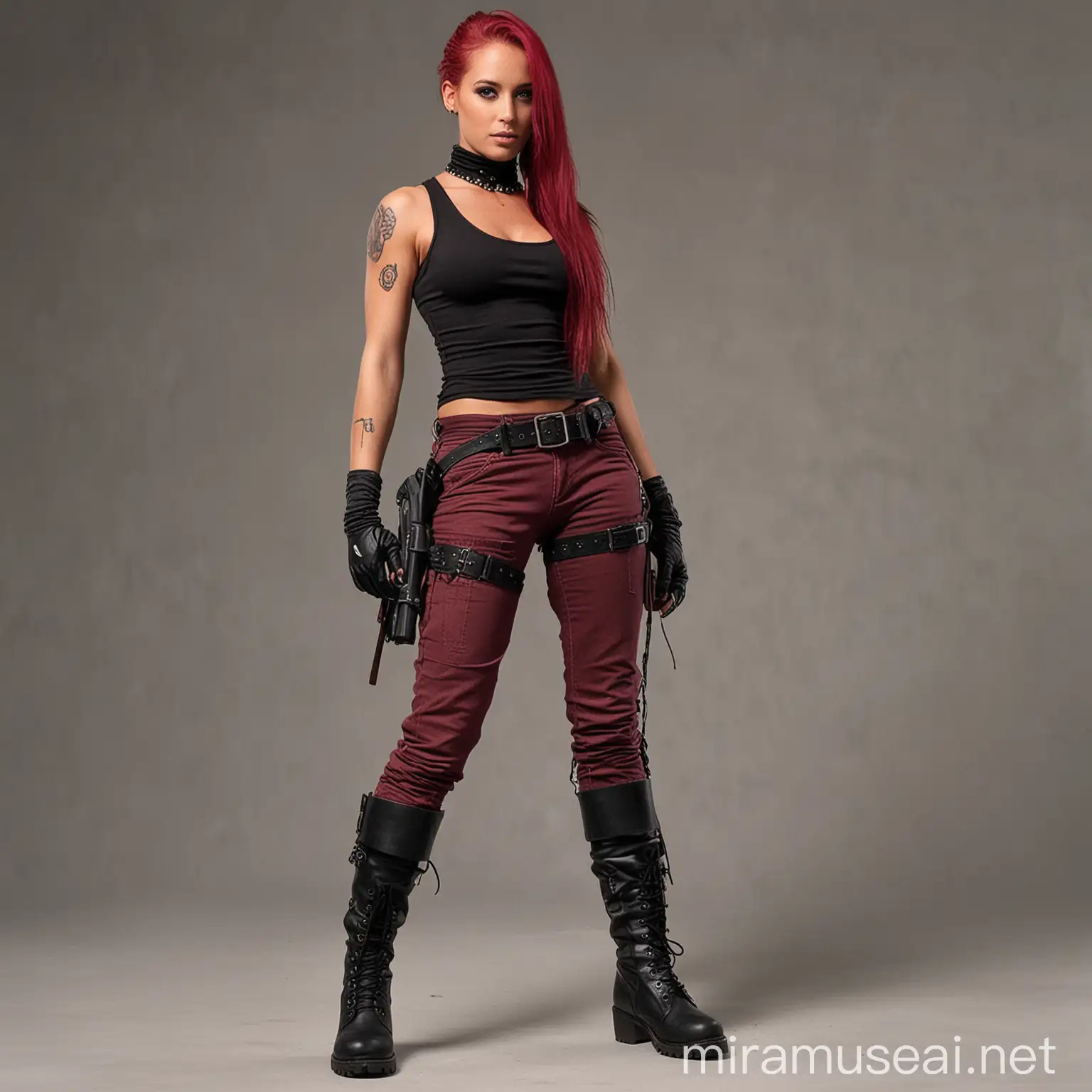 A woman in her 27s, had a long raspberry-colored hair tied back tanned skin. She has tanned skin and black eyes, wore a black tank top, fingerless gloves, worn burgundy pants with two holsters strapped to her thighs, knee high tactical boots and choker with a transparent crystal. She carries an charismatic and malicious aura.